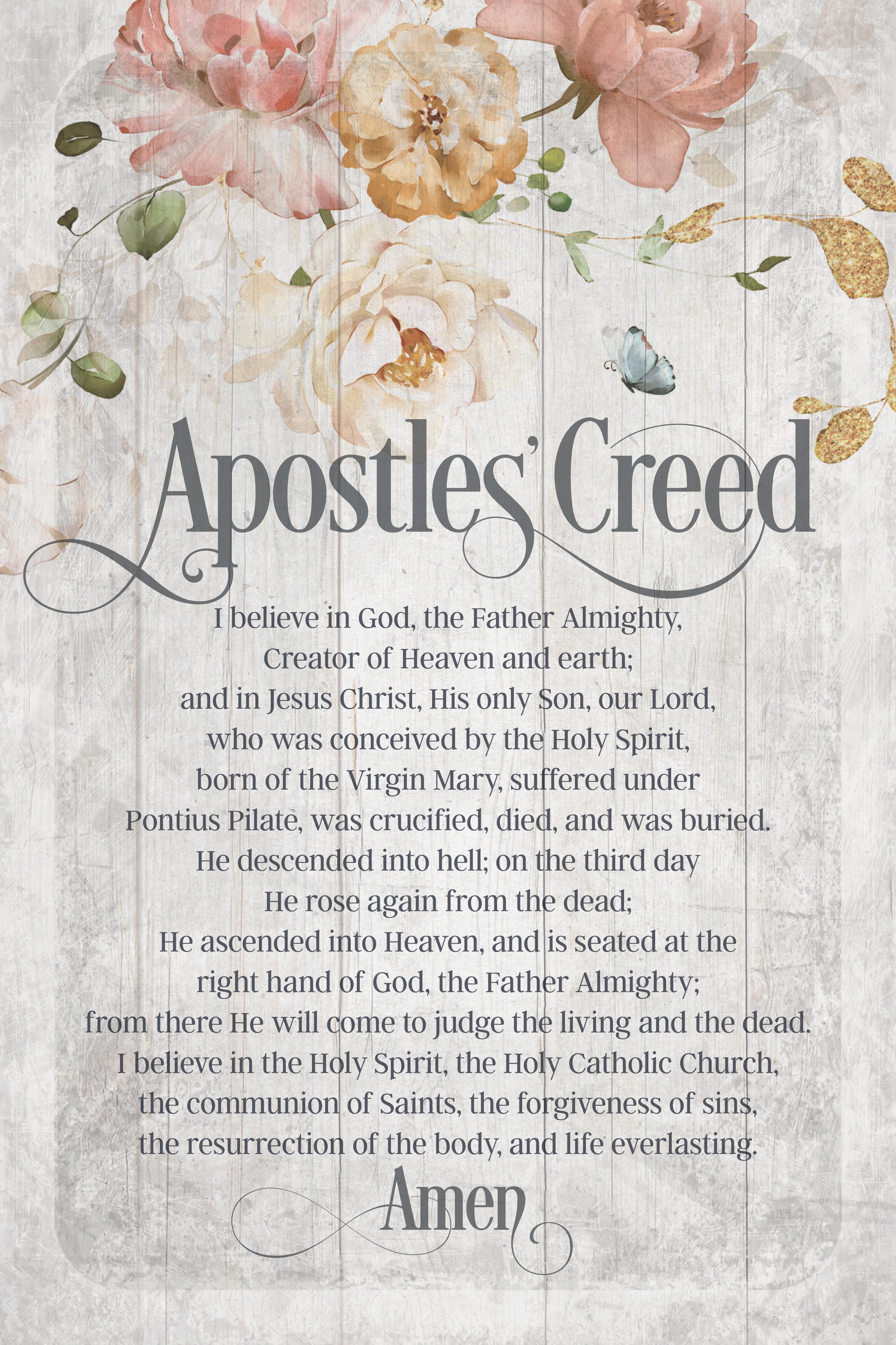 Apostles Creed 6x9 MDF Plaque has natural edges, muted tones, and an inspirational prayer reflecting our faith in God. The plaque features full-color printing and a metal hanger and easel back.