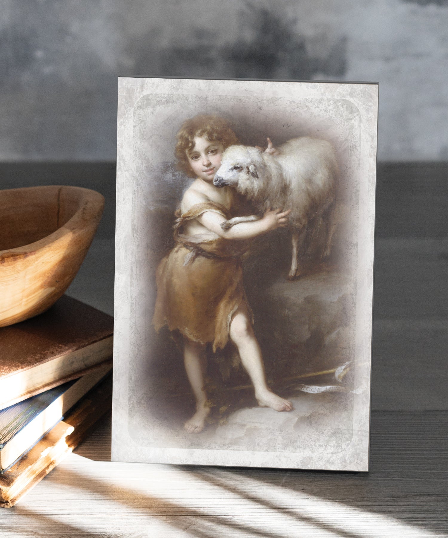 St John the Baptist & the Lamb 6x9 MDF Plaque has natural edges, muted tones, and inspirational imagery reflecting our faith in God. The plaque features full-color printing and a metal hanger and easel back.
