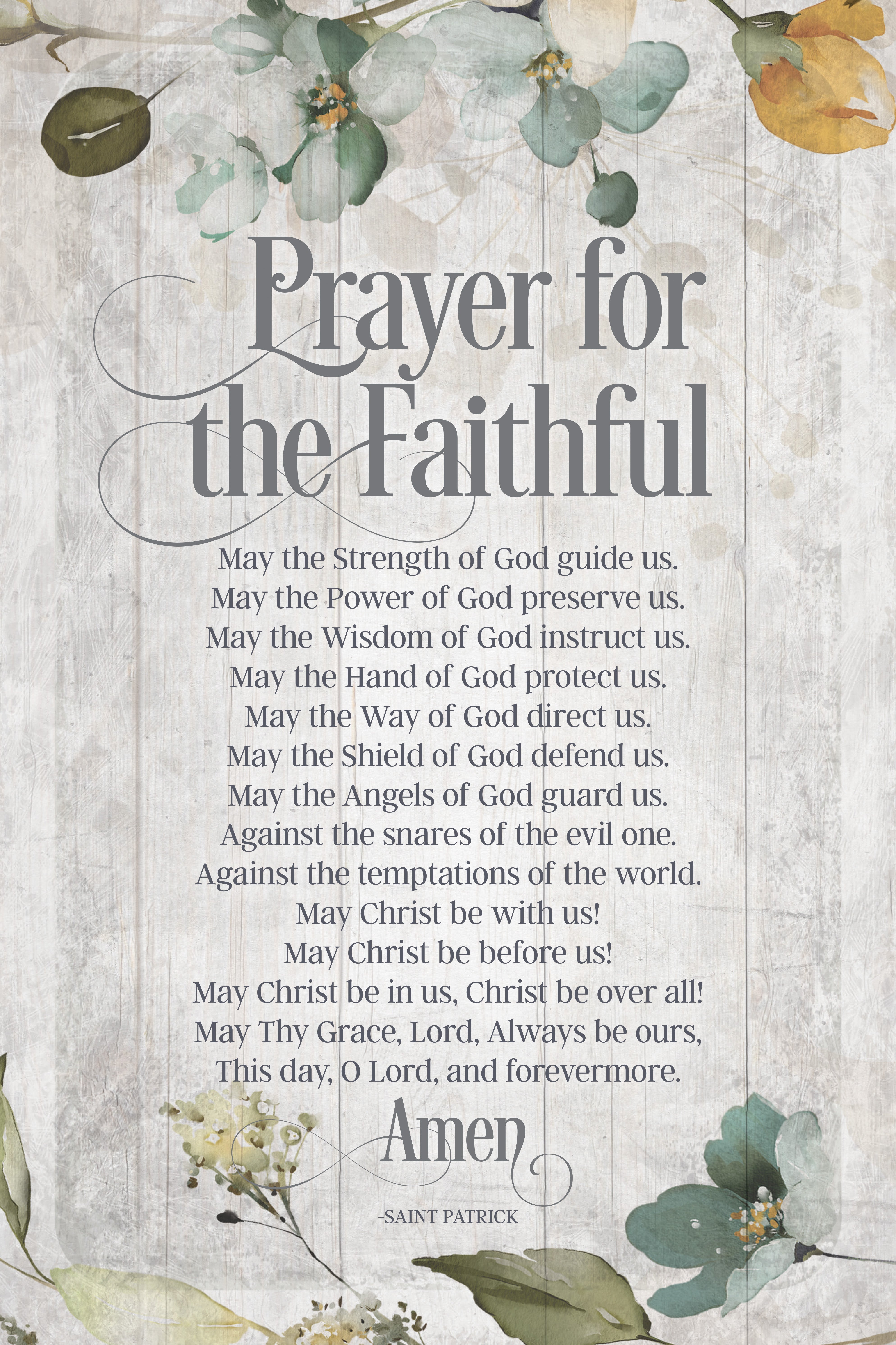 Prayer for the Faithful 6x9 MDF Plaque has natural edges, muted tones, and an inspirational prayer reflecting our faith in God. The plaque features full-color printing and a metal hanger and easel back.
