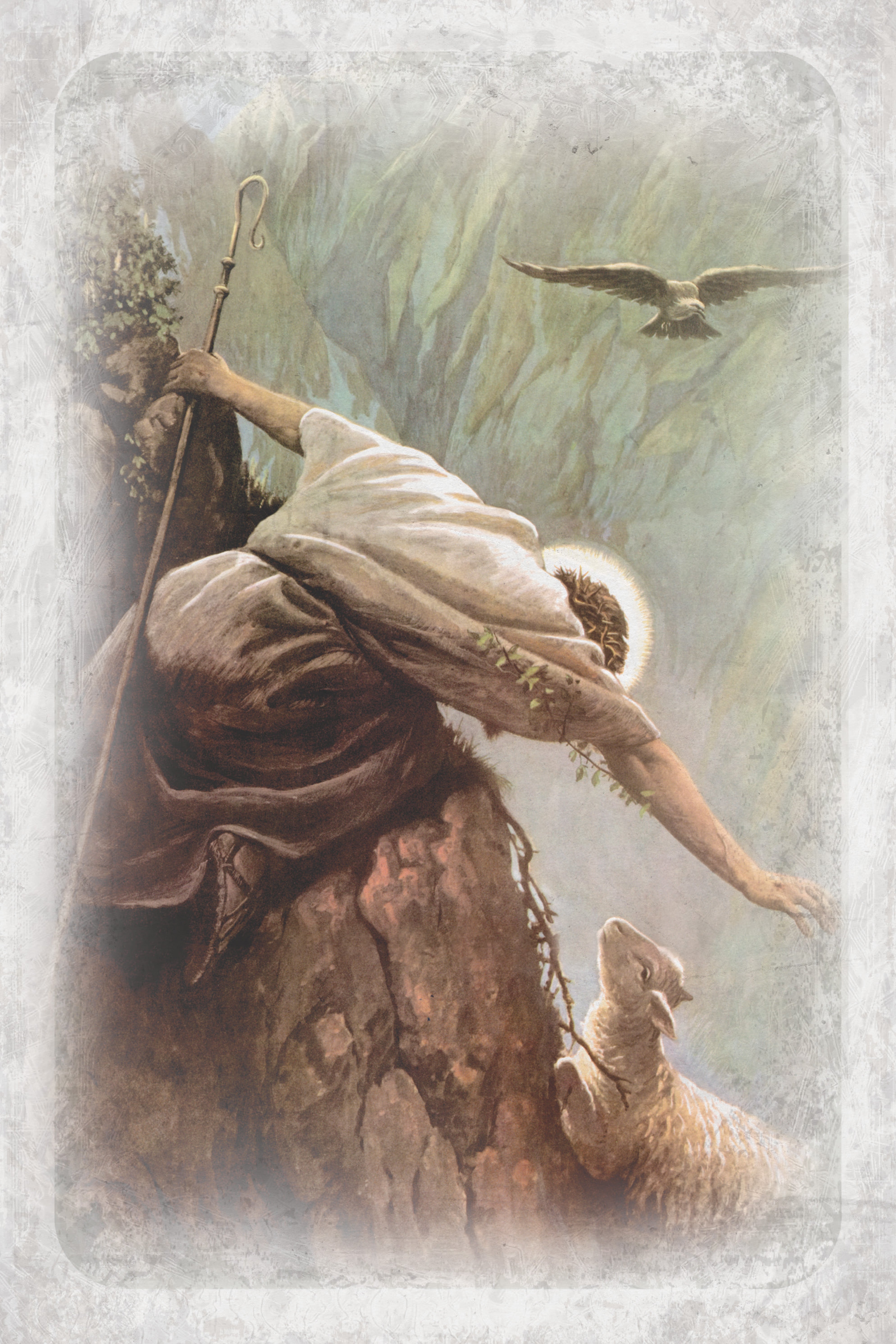 The Lost Sheep 6x9 MDF Plaque has natural edges, muted tones, and inspirational imagery reflecting our faith in God. The plaque features full-color printing and a metal hanger and easel back.