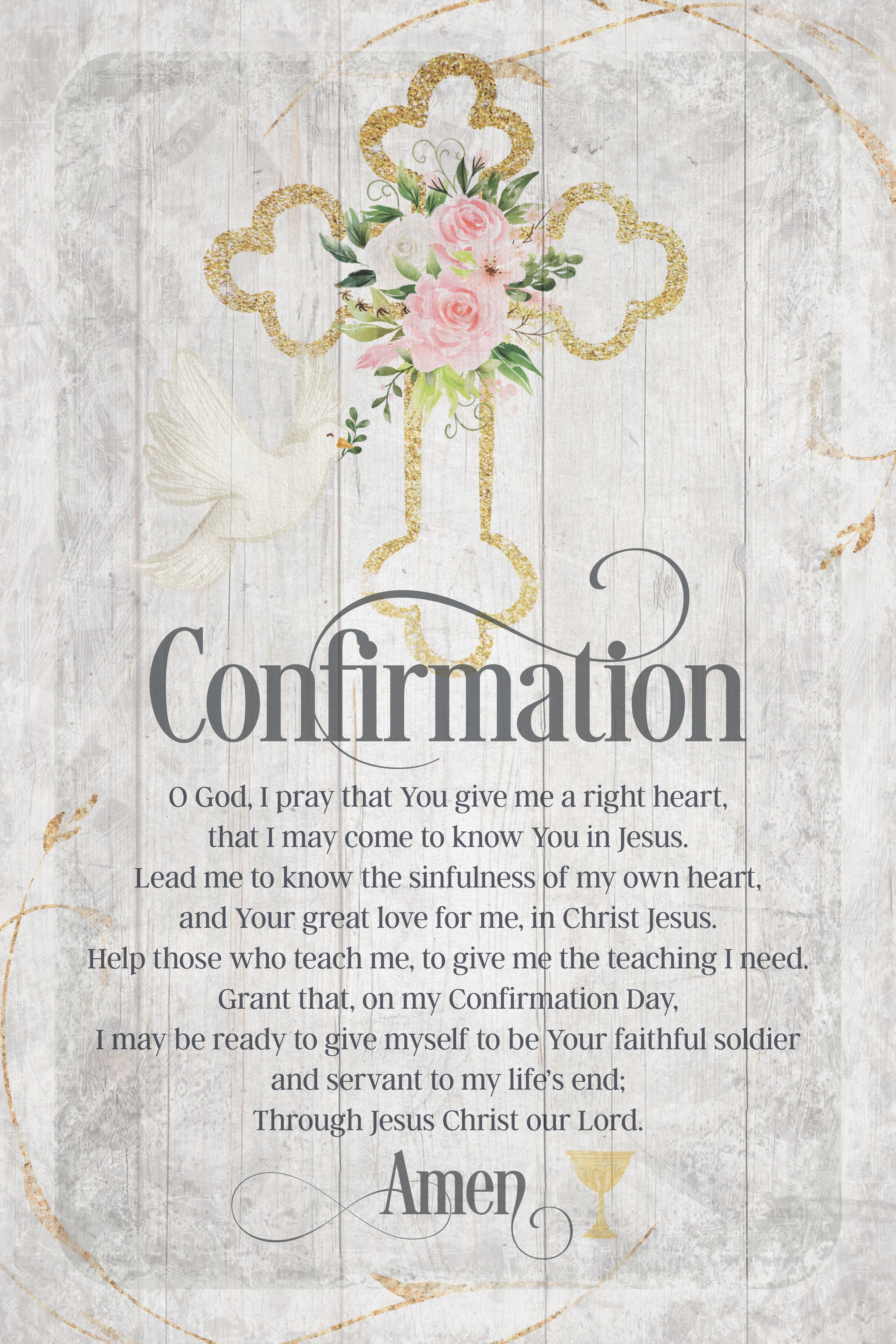 Confirmation 6x9 MDF Plaque has natural edges, muted tones, and an inspirational prayer reflecting our faith in God. The plaque features full-color printing and a metal hanger and easel back.