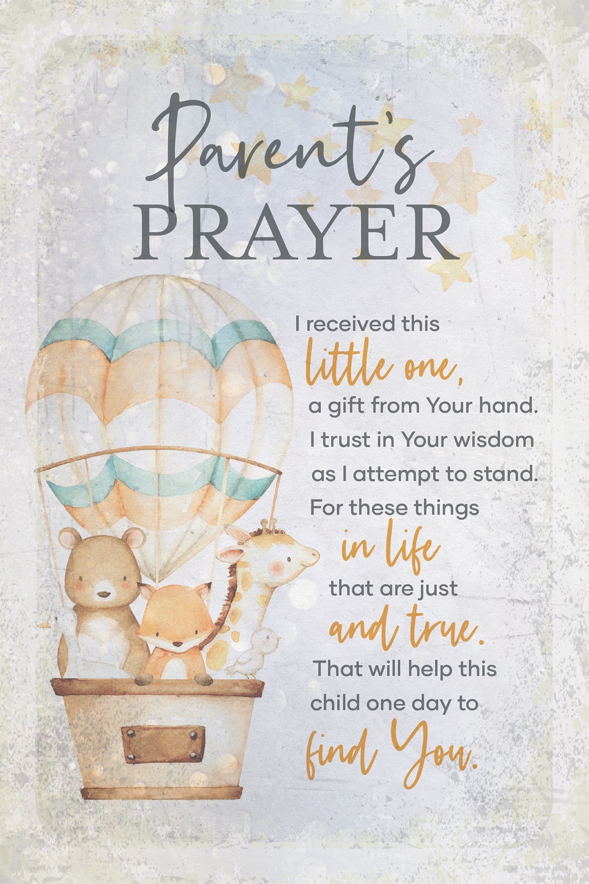 Parent’s Prayer 6x9 MDF Plaque has natural edges, inspirational verse, and muted tones to fit any decor. The plaque features full-color printing and a metal hanger and easel back.