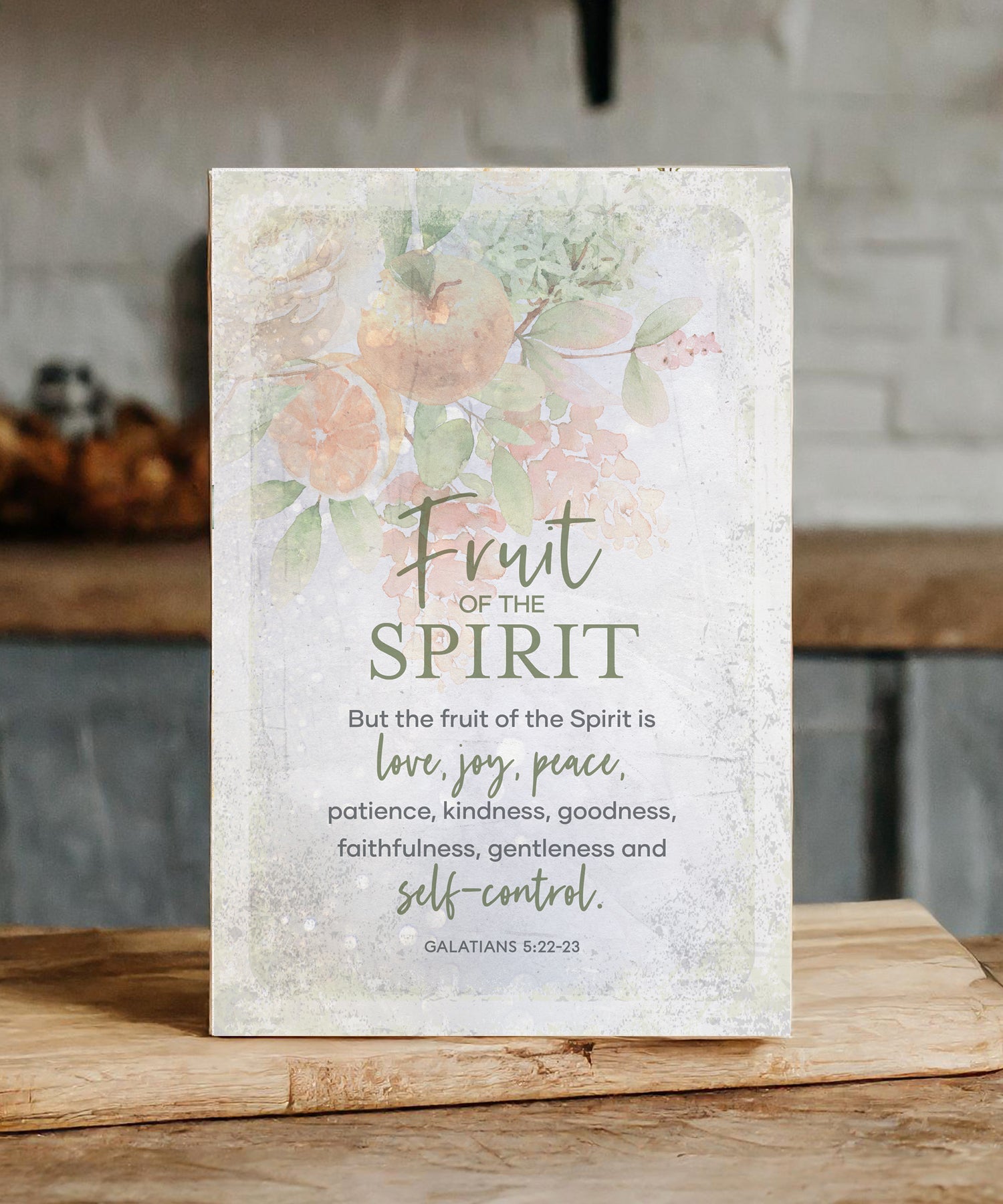 Fruit of the Spirit 6x9 MDF plaque with neutral tones, natural wood edge, easel back, and Galatians 5:22–23 scripture verse