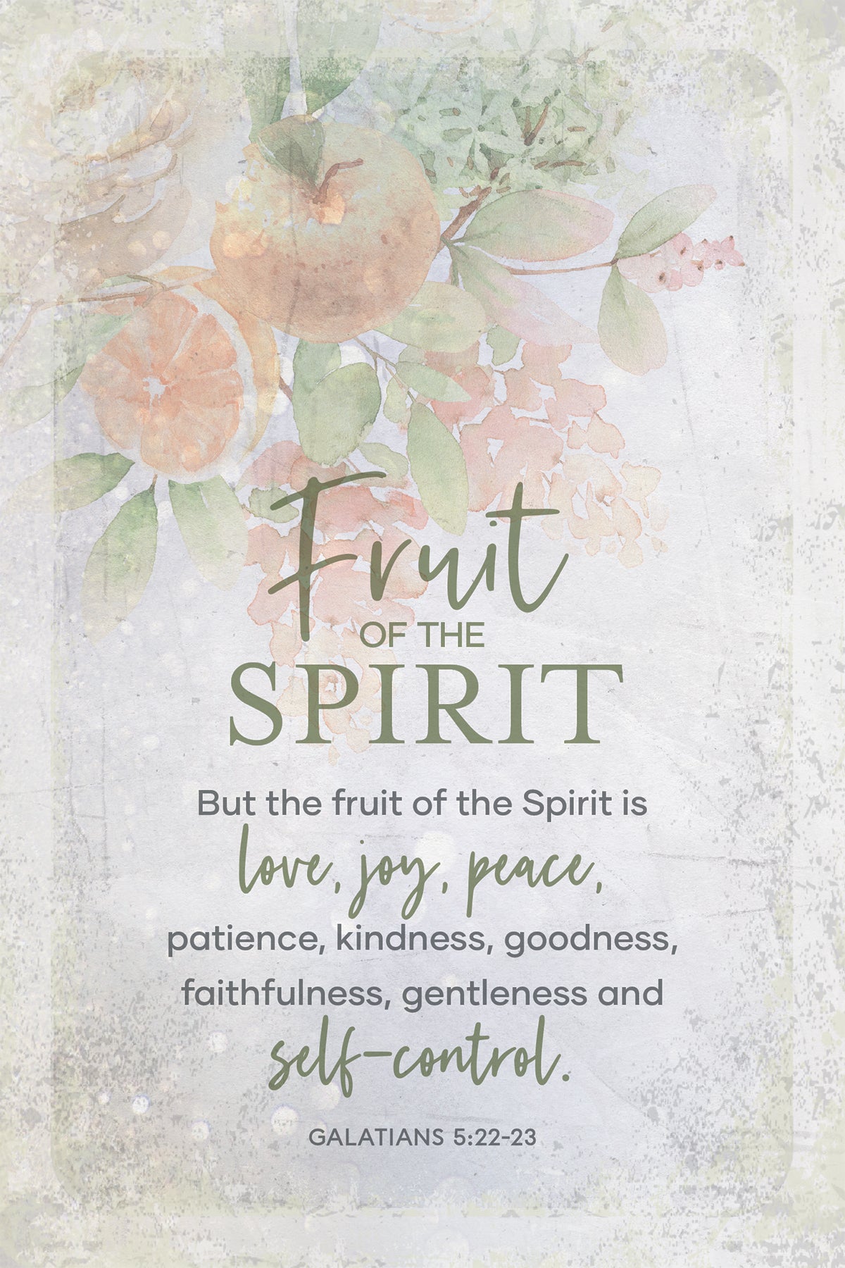 Fruit of the Spirit 6x9 MDF Plaque has natural edges, inspirational verse, and muted tones to fit any decor. The plaque features full-color printing and a metal hanger and easel back.