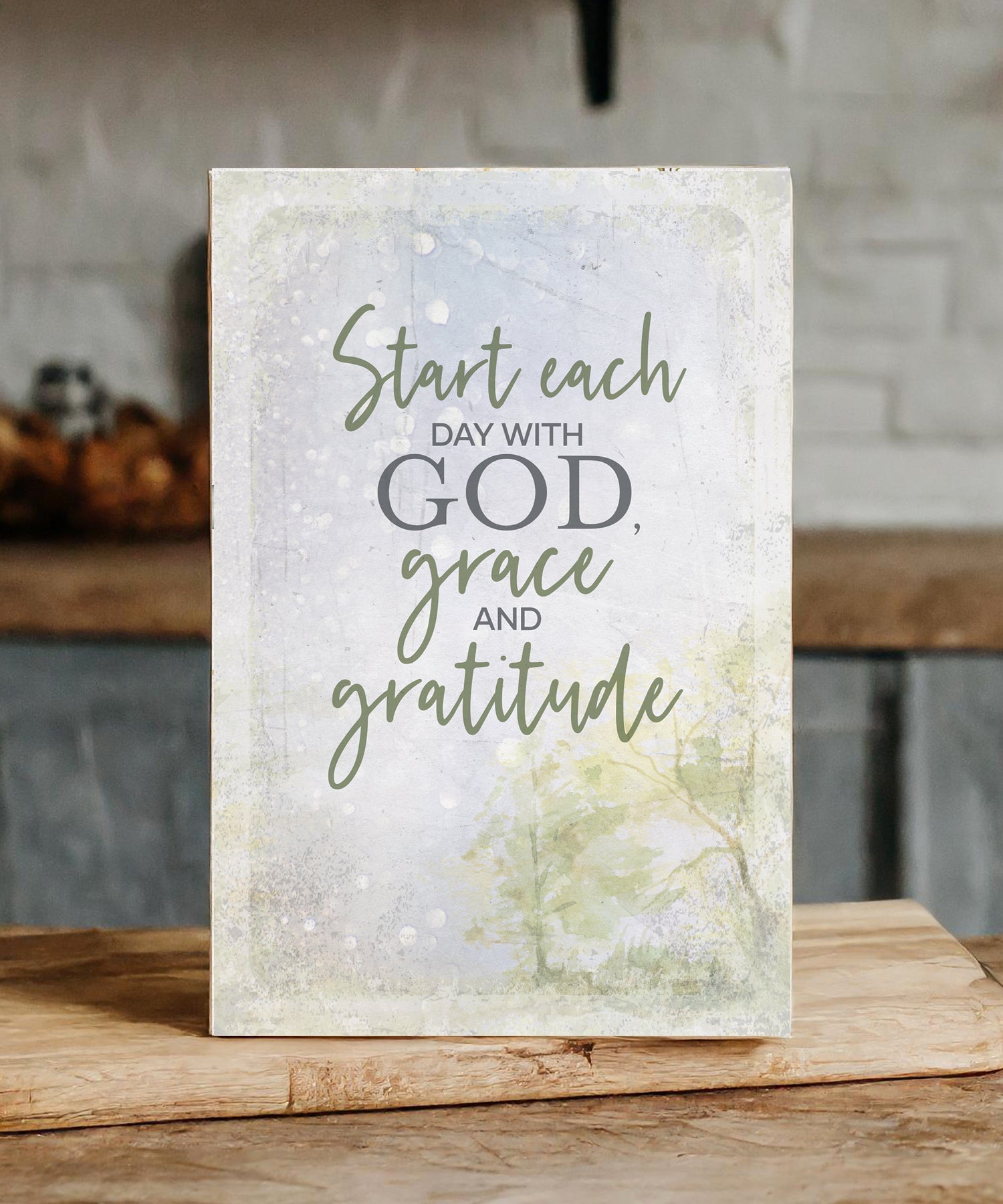 Start Each Day 6x9 MDF plaque with neutral tones, natural wood edge, easel back, and inspirational faith message