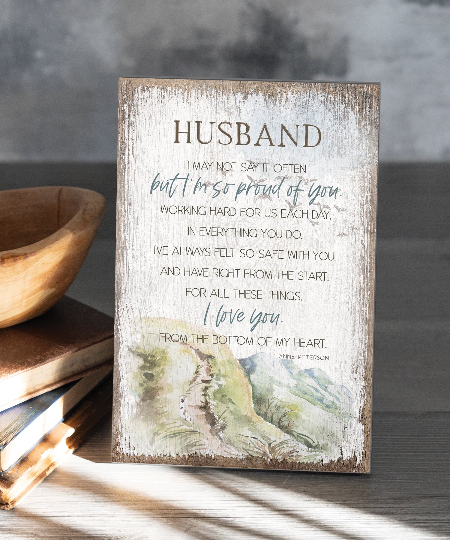 Husband 6x9 MDF Plaque has silver edges, inspirational verse, and a modern farmhouse style to fit any decor. The plaque features full-color printing and a metal hanger and easel back.