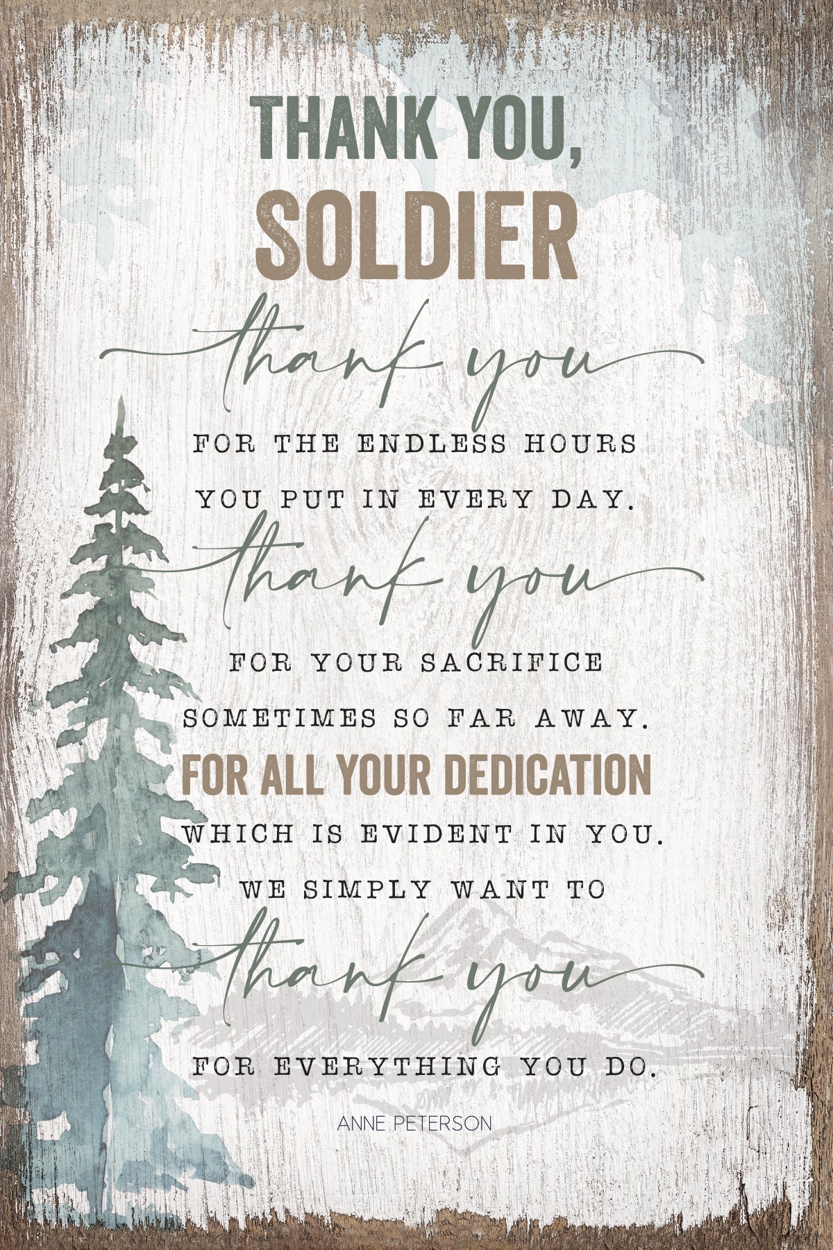 Thank You Soldier 6x9 MDF Plaque has silver edges, inspirational verse, and a modern farmhouse style to fit any decor. The plaque features full-color printing and a metal hanger and easel back.