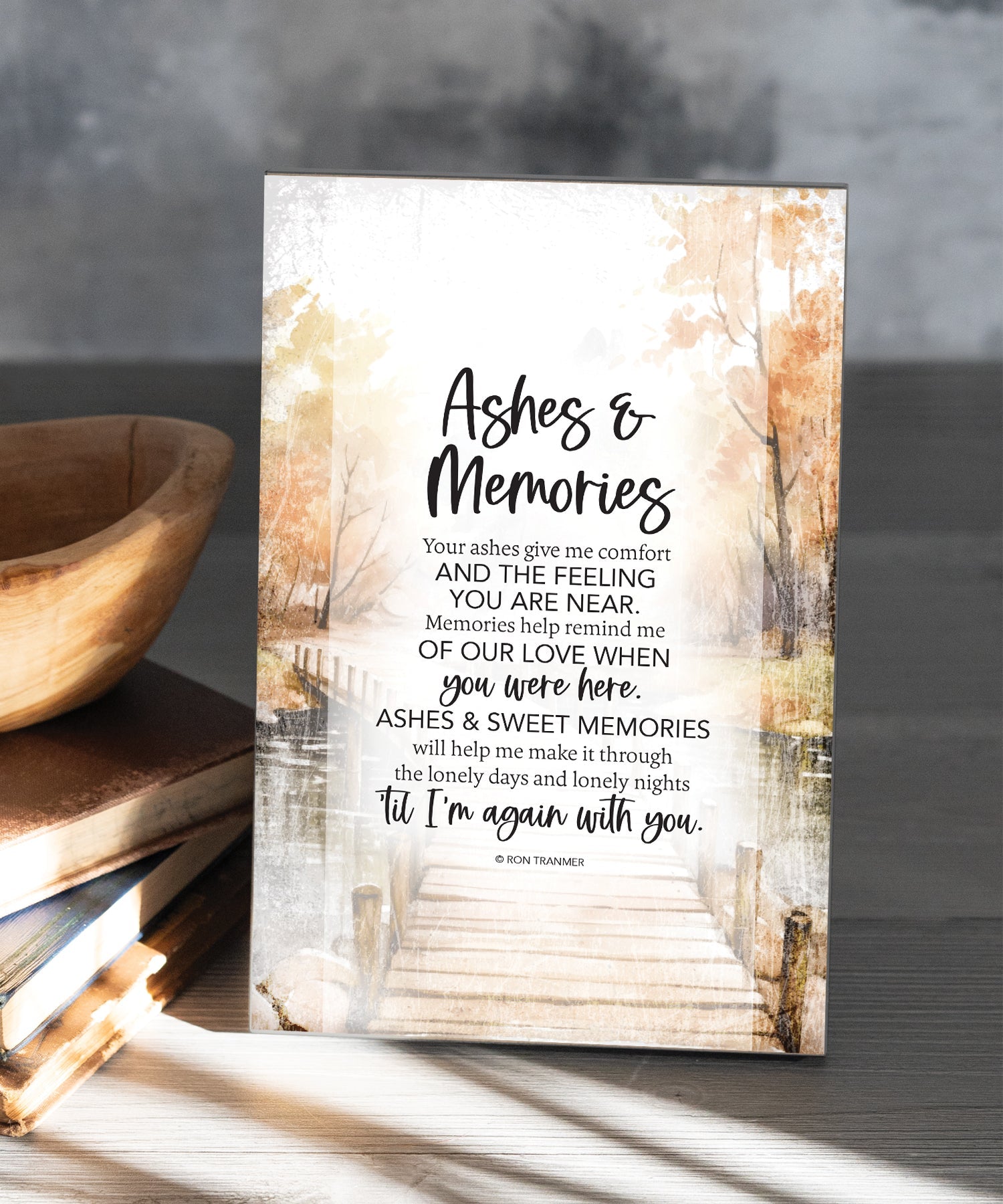 Ashes & Memories 6x9 MDF Plaque has silver edges, inspirational verse, and a modern farmhouse style to fit any decor. The plaque features full-color printing and a metal hanger and easel back.