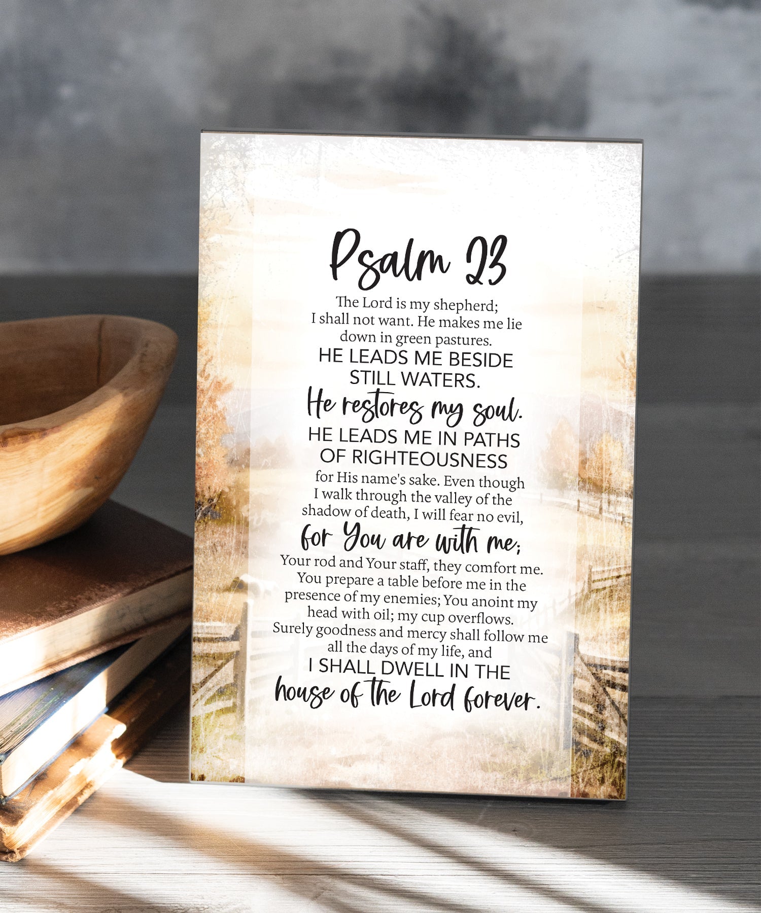 Psalm 23 6x9 MDF Plaque has silver edges, inspirational verse, and a modern farmhouse style to fit any decor. The plaque features full-color printing and a metal hanger and easel back.