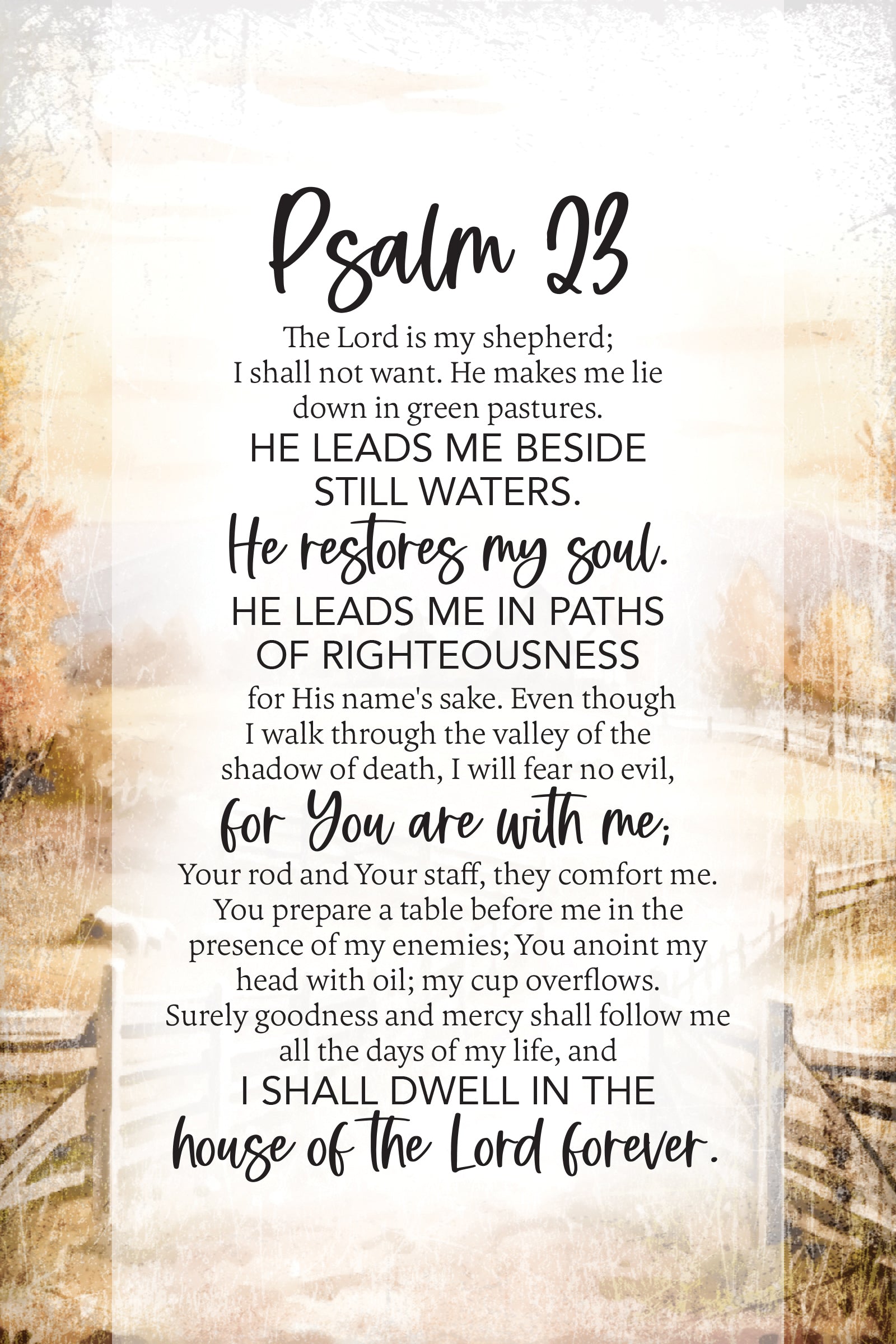 Psalm 23 6x9 MDF Plaque has silver edges, inspirational verse, and a modern farmhouse style to fit any decor. The plaque features full-color printing and a metal hanger and easel back.