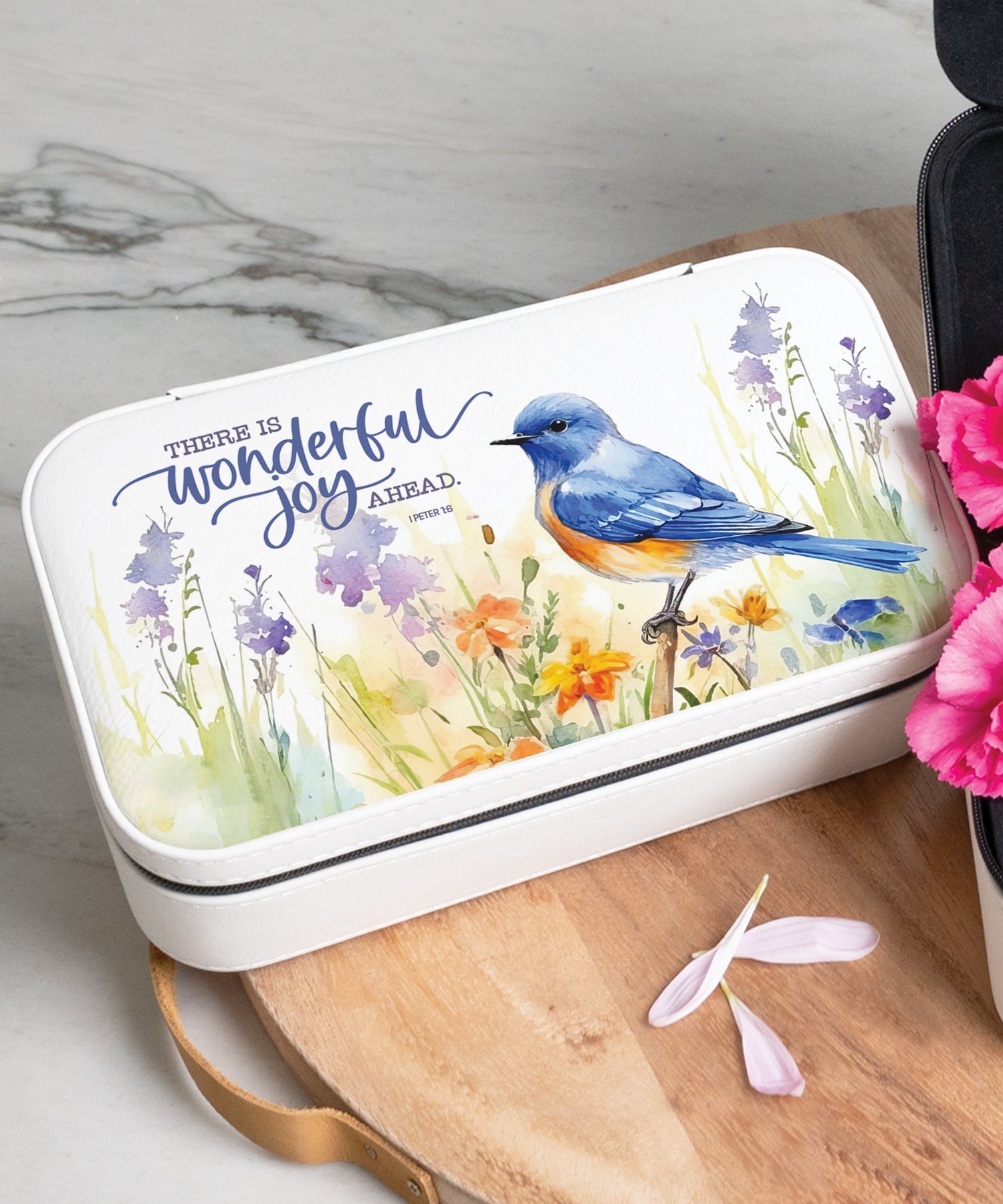 There Is Wonderful Joy Travel Jewelry Box Set with an off-white leatherette and velvet interior, including a large and mini travel box.