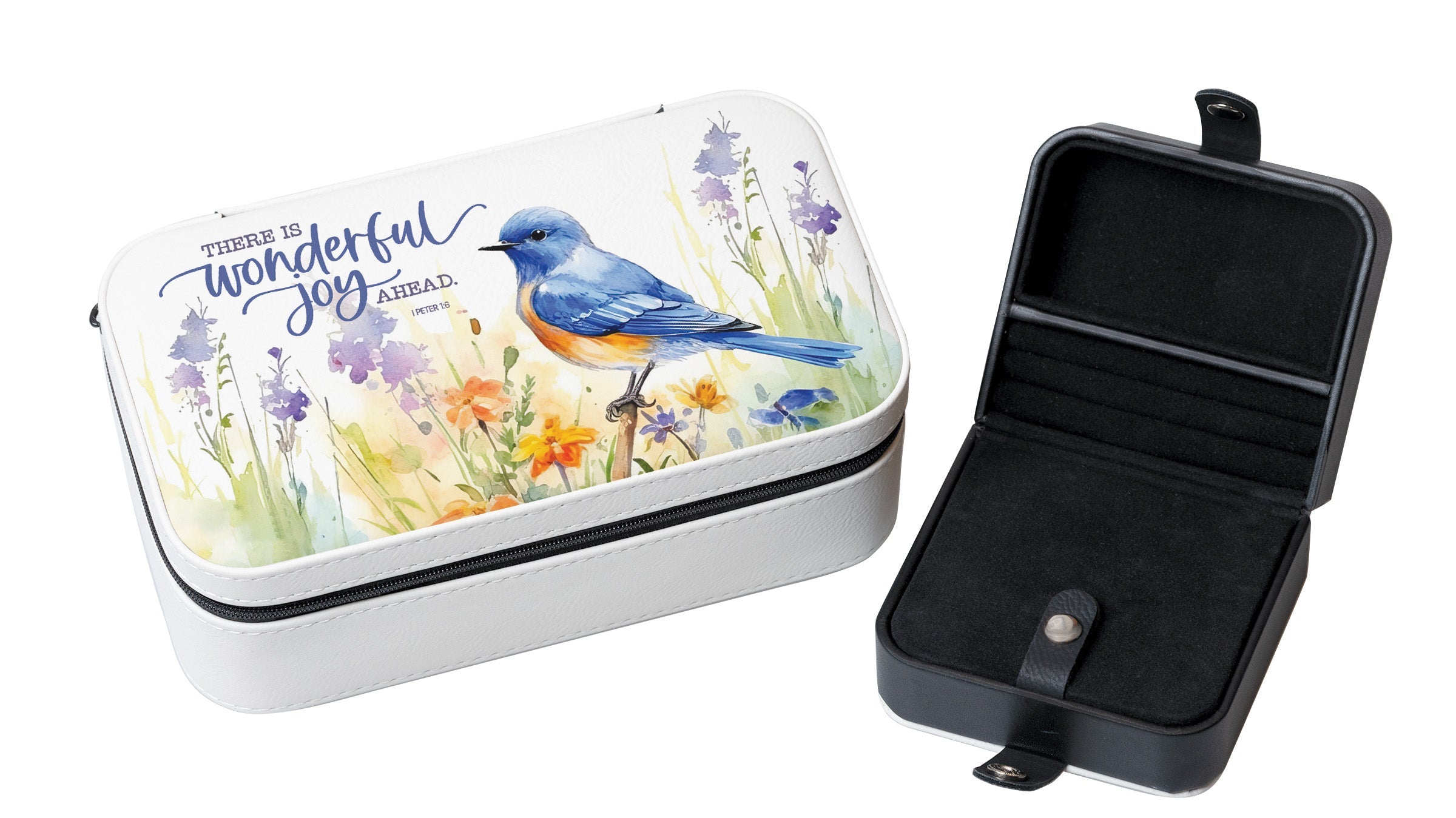There Is Wonderful Joy Travel Jewelry Box Set with an off-white leatherette and velvet interior, including a large and mini travel box.