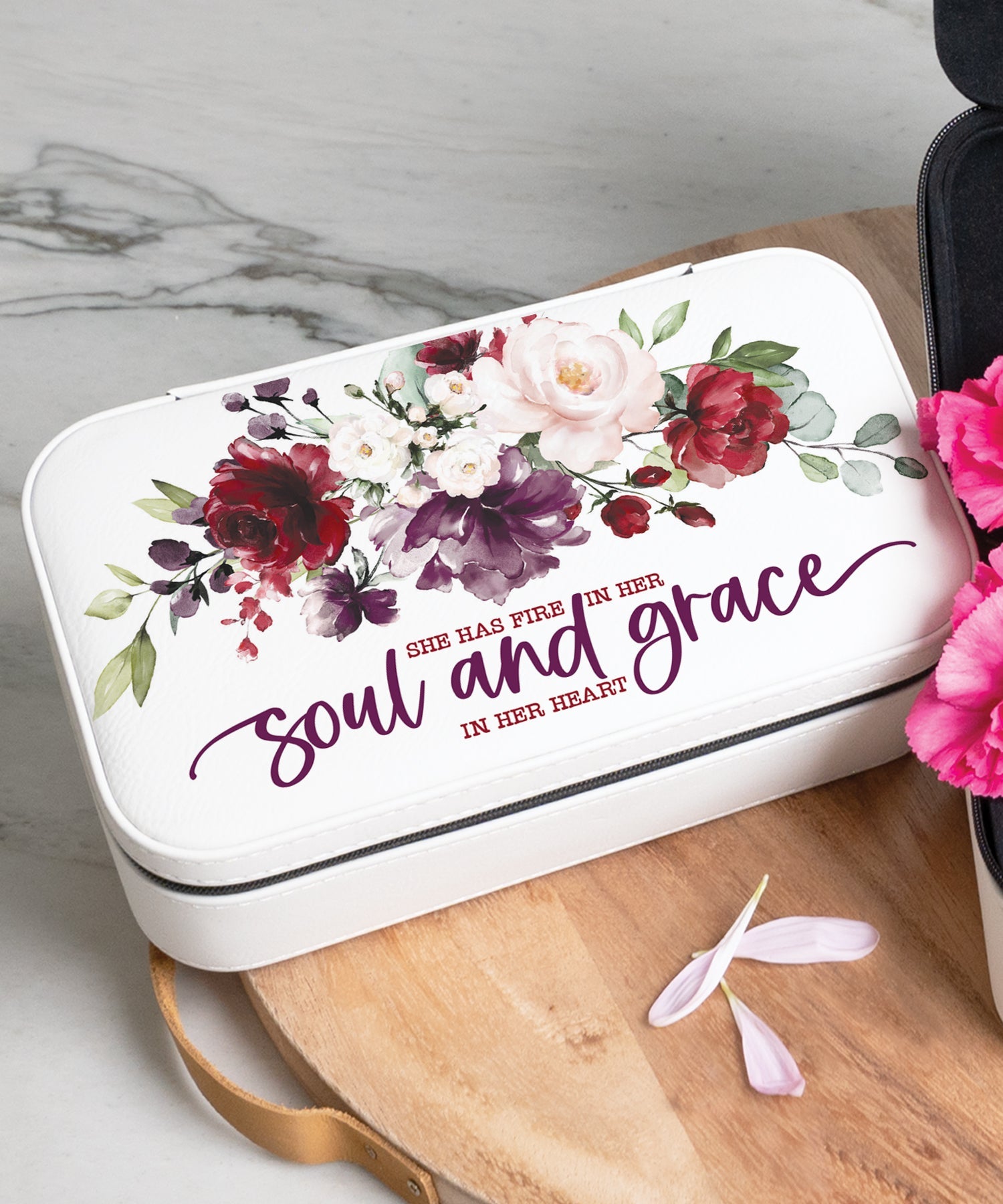 She Has Fire in Her Soul Travel Jewelry Box Set with an off-white leatherette and velvet interior, including a large and mini travel box.
