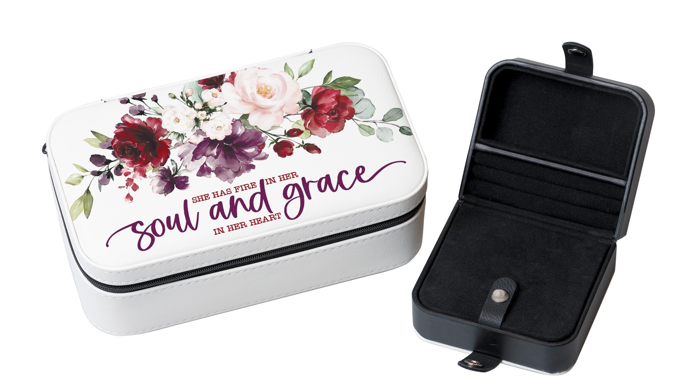 She Has Fire in Her Soul Travel Jewelry Box Set with an off-white leatherette and velvet interior, including a large and mini travel box.