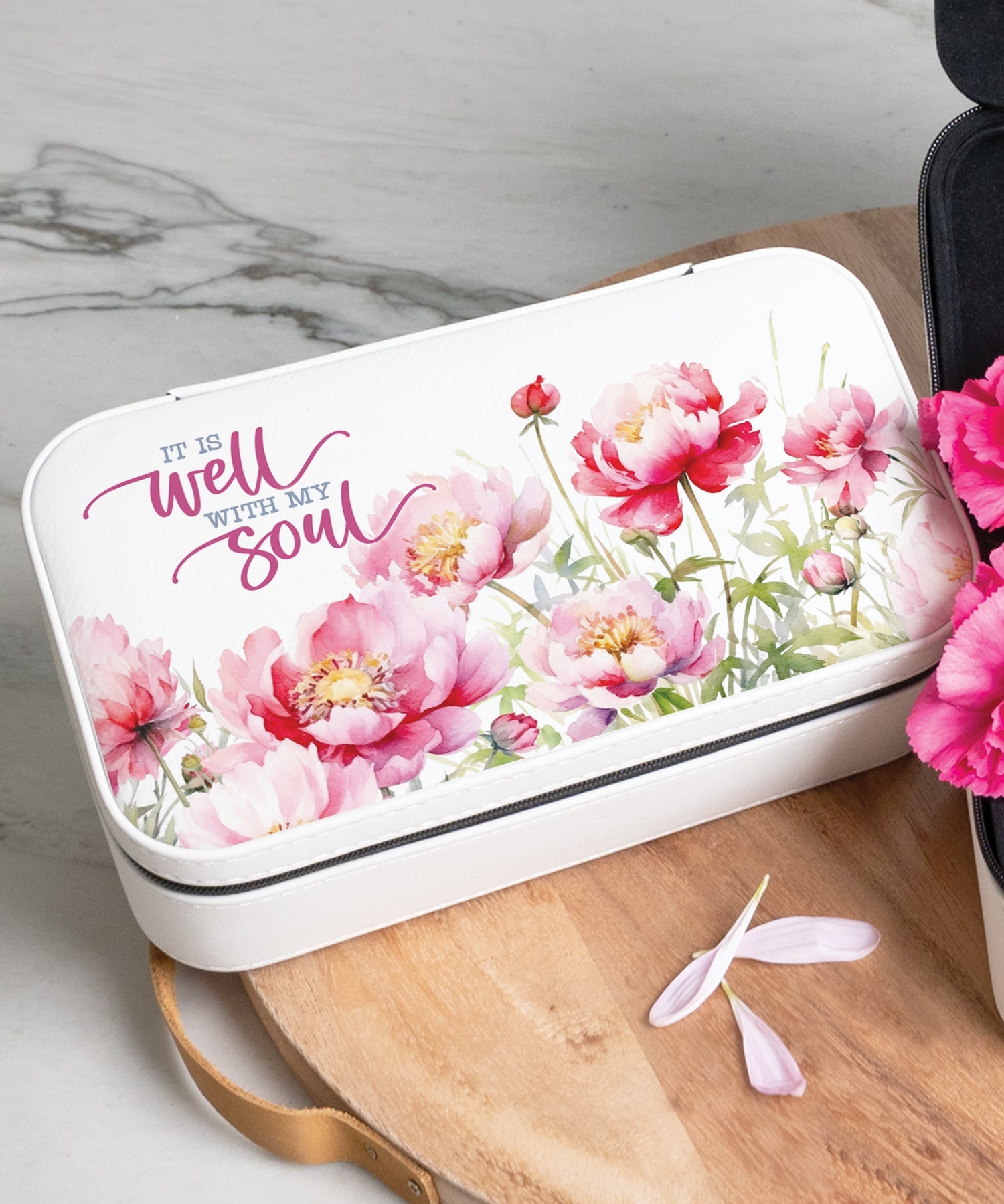 It Is Well Travel Jewelry Box Set with an off-white leatherette and velvet interior, including a large and mini travel box.