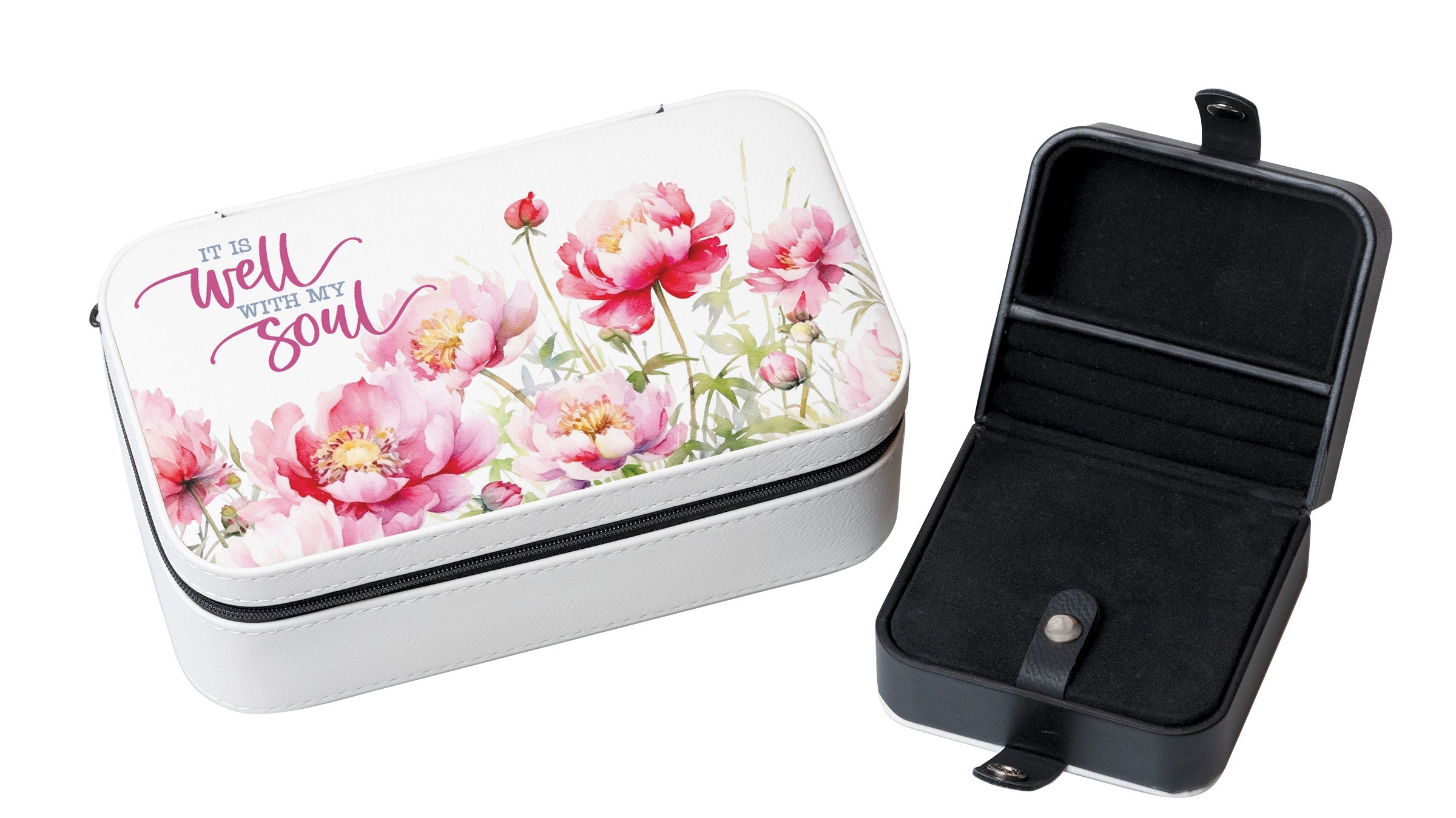 It Is Well Travel Jewelry Box Set with an off-white leatherette and velvet interior, including a large and mini travel box.