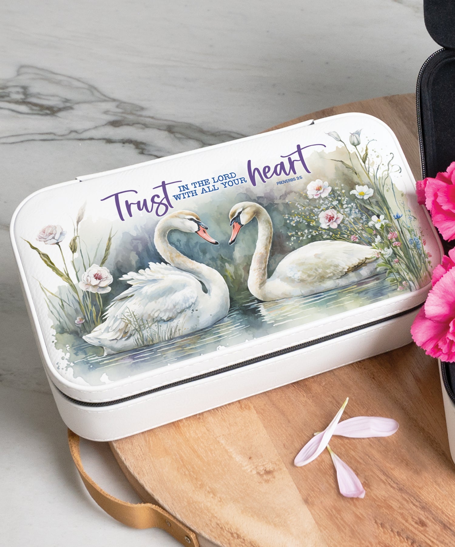 Trust in the Lord Travel Jewelry Box Set with an off-white leatherette and velvet interior, including a large and mini travel box.