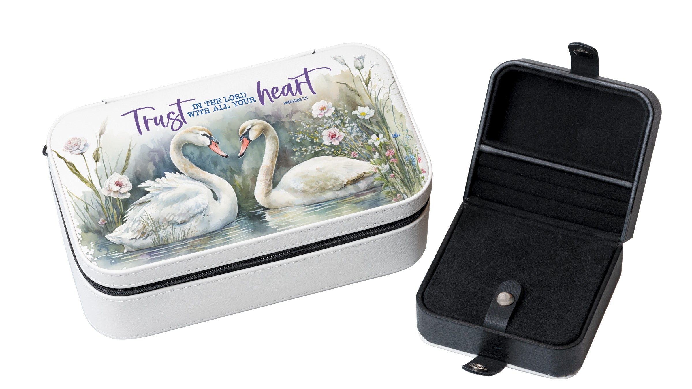 Trust in the Lord Travel Jewelry Box Set with an off-white leatherette and velvet interior, including a large and mini travel box.