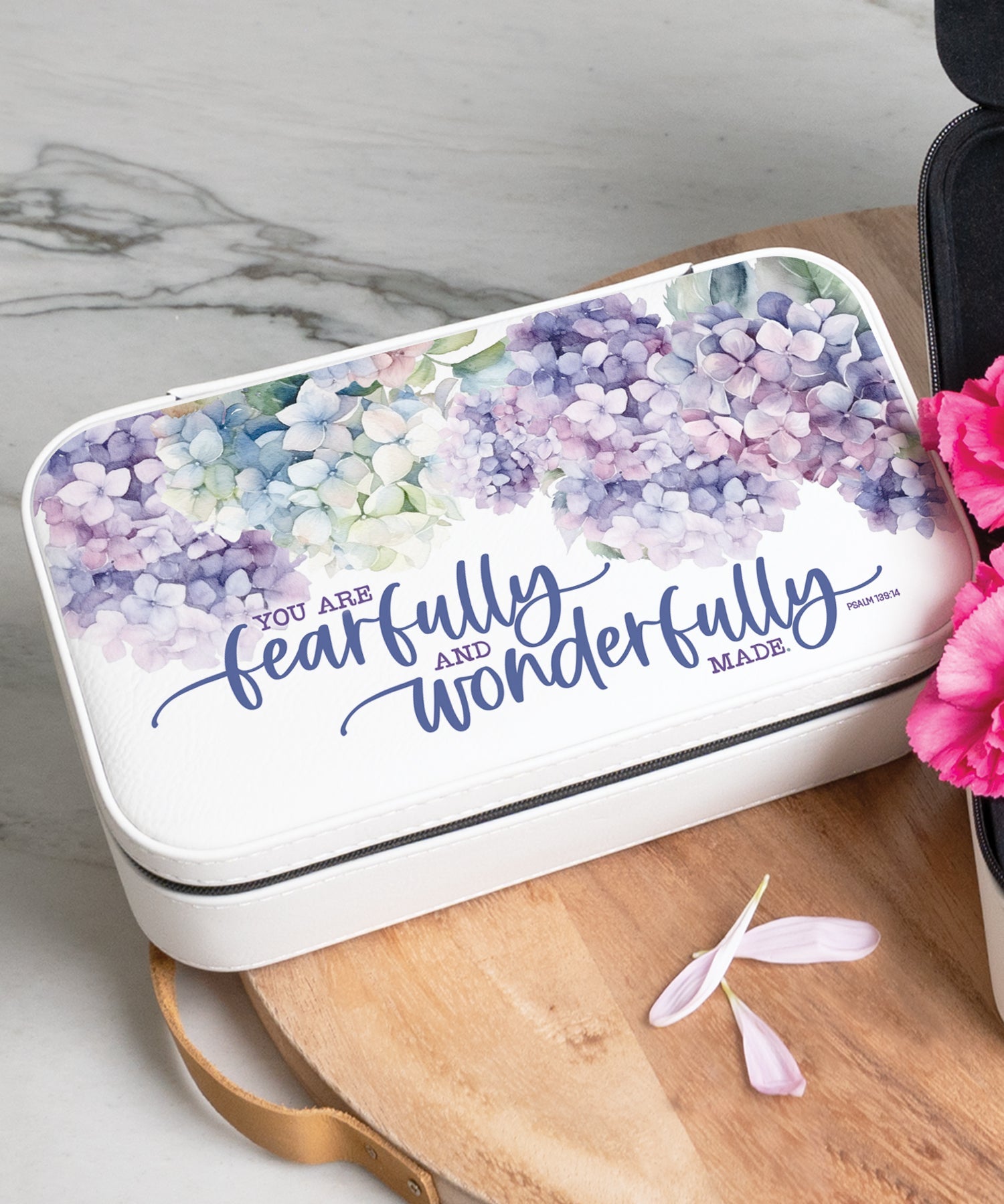 You Are Fearfully Travel Jewelry Box Set with an off-white leatherette and velvet interior, including a large and mini travel box.