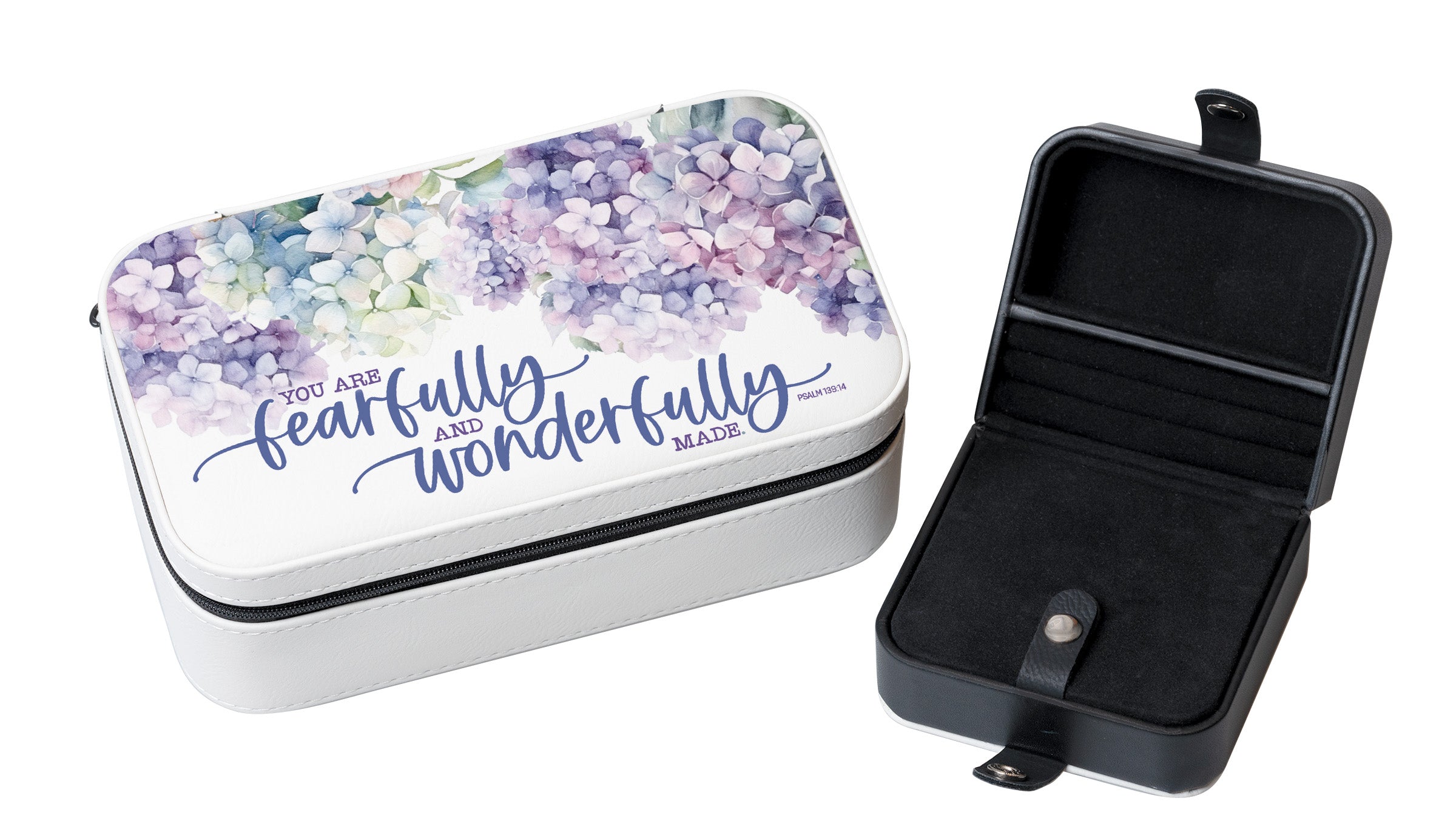 You Are Fearfully Travel Jewelry Box Set with an off-white leatherette and velvet interior, including a large and mini travel box.