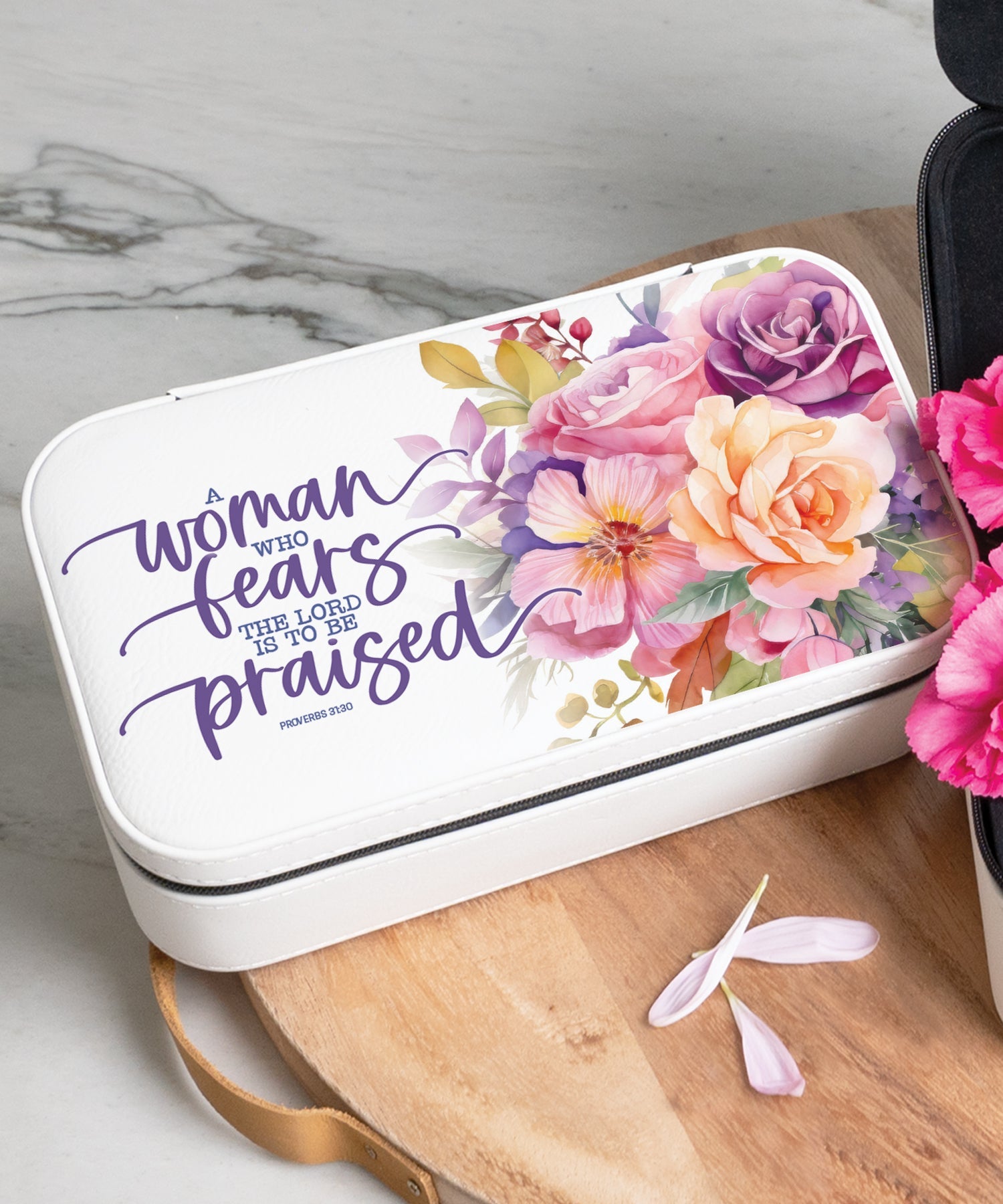 A Woman Who Fears the Lord Travel Jewelry Box Set with an off-white leatherette and velvet interior, including a large and mini travel box.