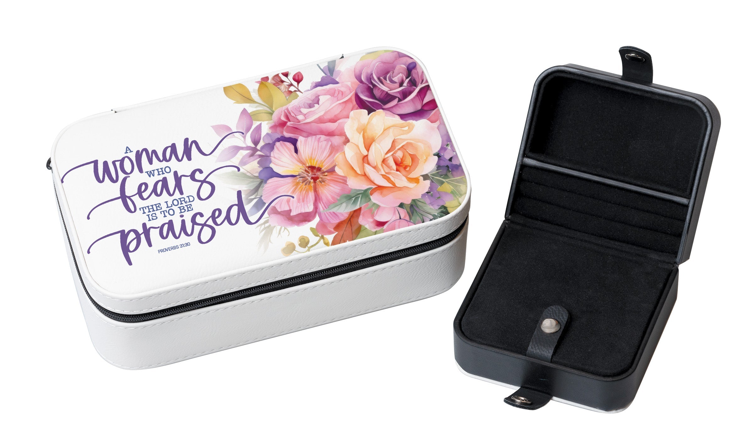 A Woman Who Fears the Lord Travel Jewelry Box Set with an off-white leatherette and velvet interior, including a large and mini travel box.