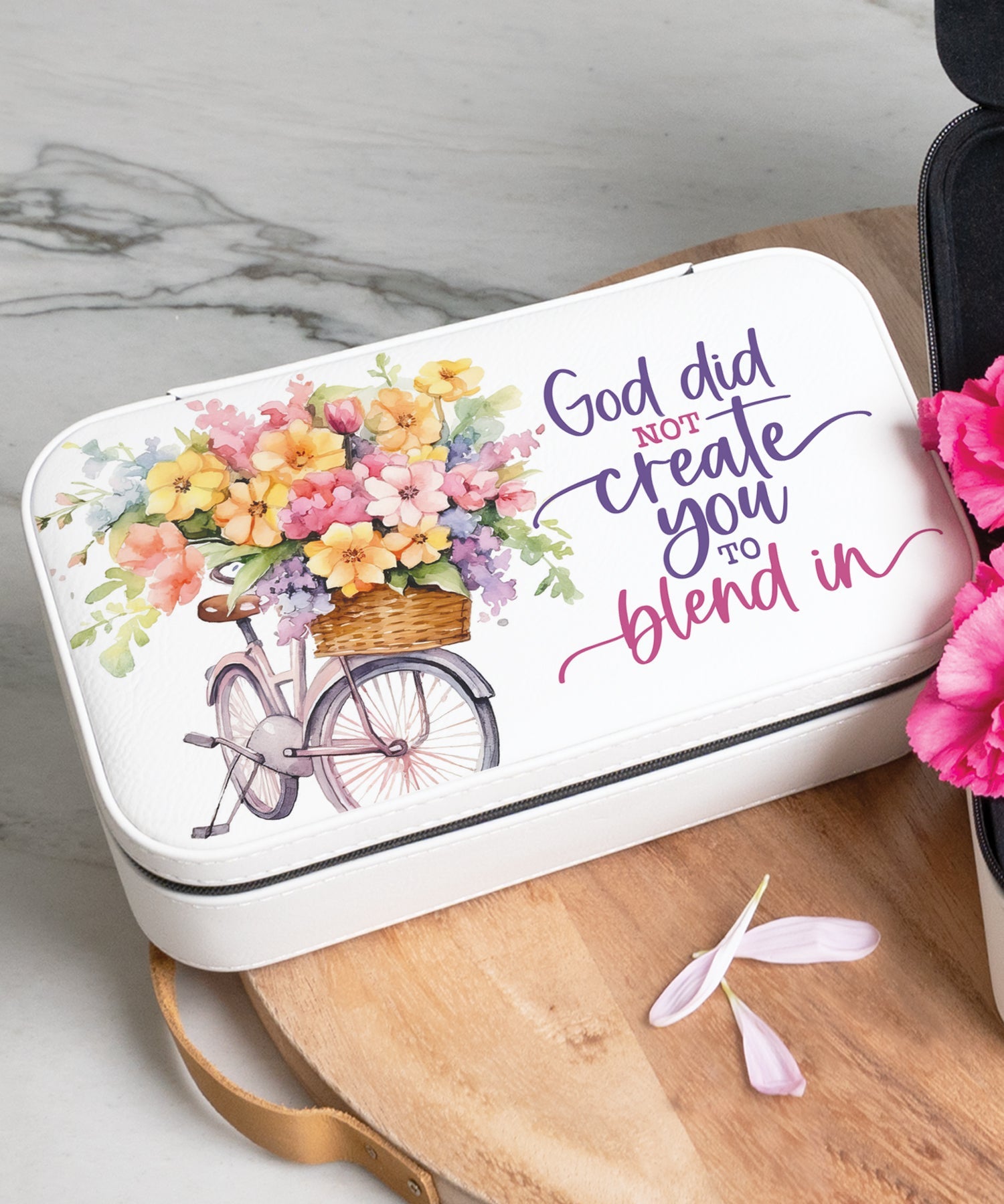 God Did Not Create You to Blend In Travel Jewelry Box Set with an off-white leatherette and velvet interior, including a large and mini travel box.