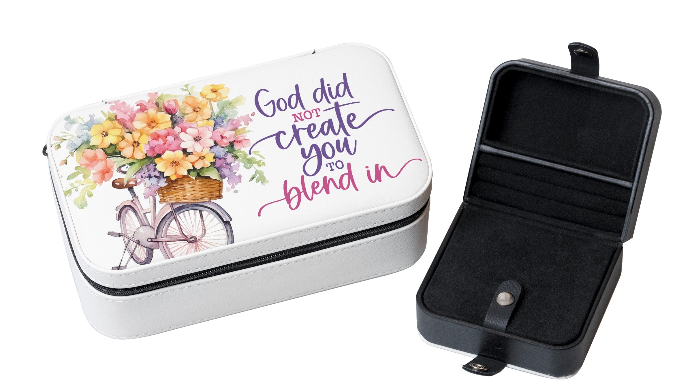 God Did Not Create Travel Jewelry Box Set with an off-white leatherette and velvet interior, including a large and mini travel box.