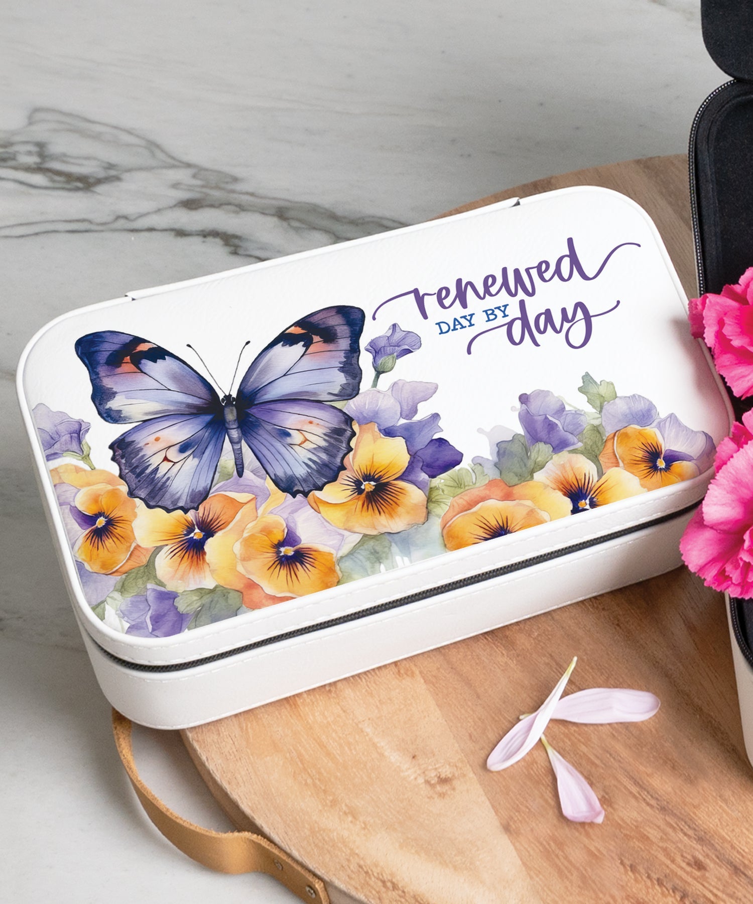 Renewed Travel Jewelry Box Set with an off-white leatherette and velvet interior, including a large and mini travel box.
