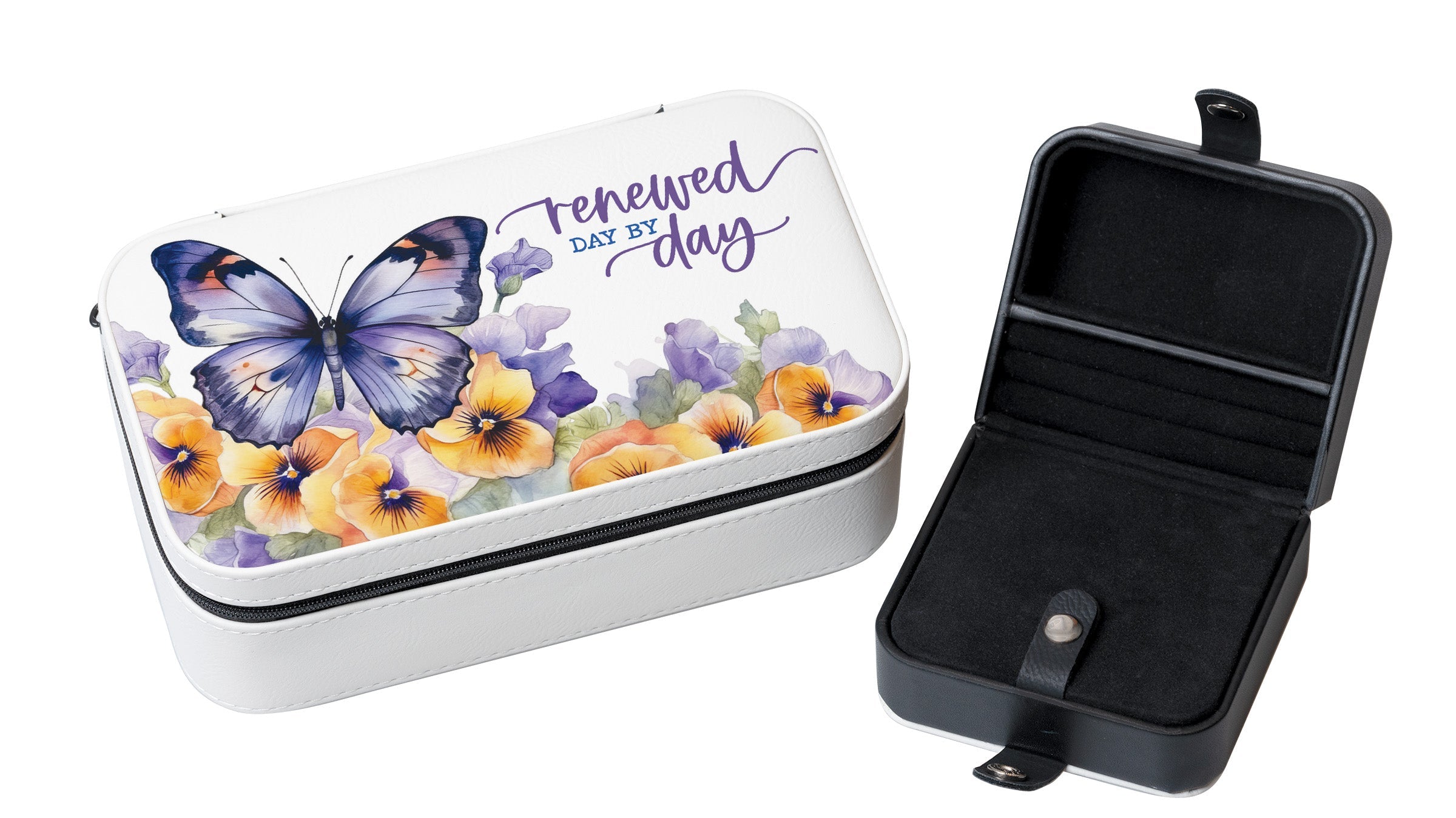 Renewed Travel Jewelry Box Set with an off-white leatherette and velvet interior, including a large and mini travel box.
