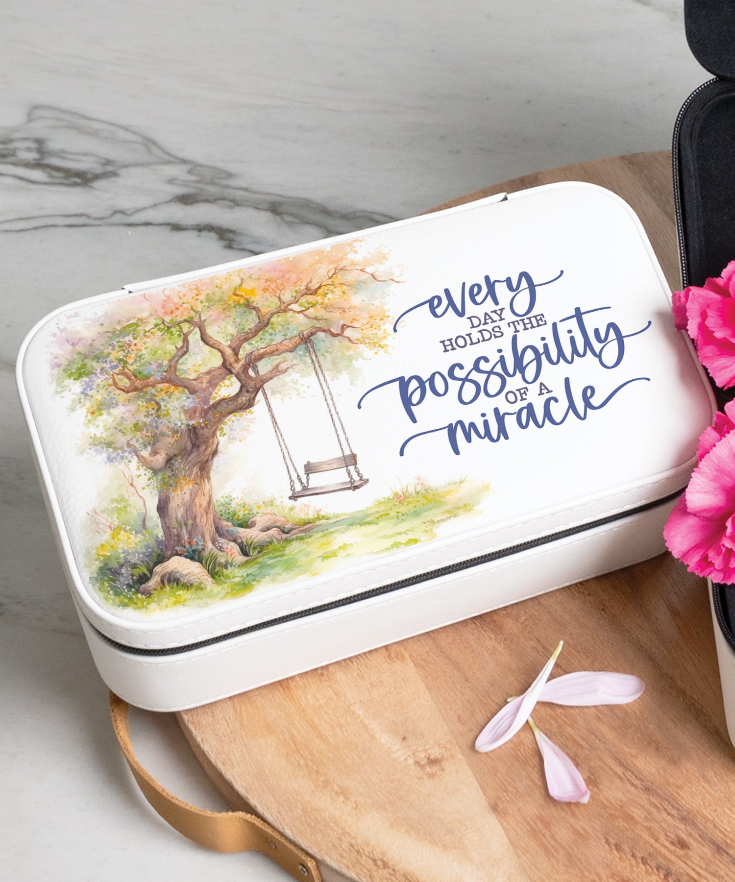 Every Day Holds Travel Jewelry Box Set with an off-white leatherette and velvet interior, including a large and mini travel box.