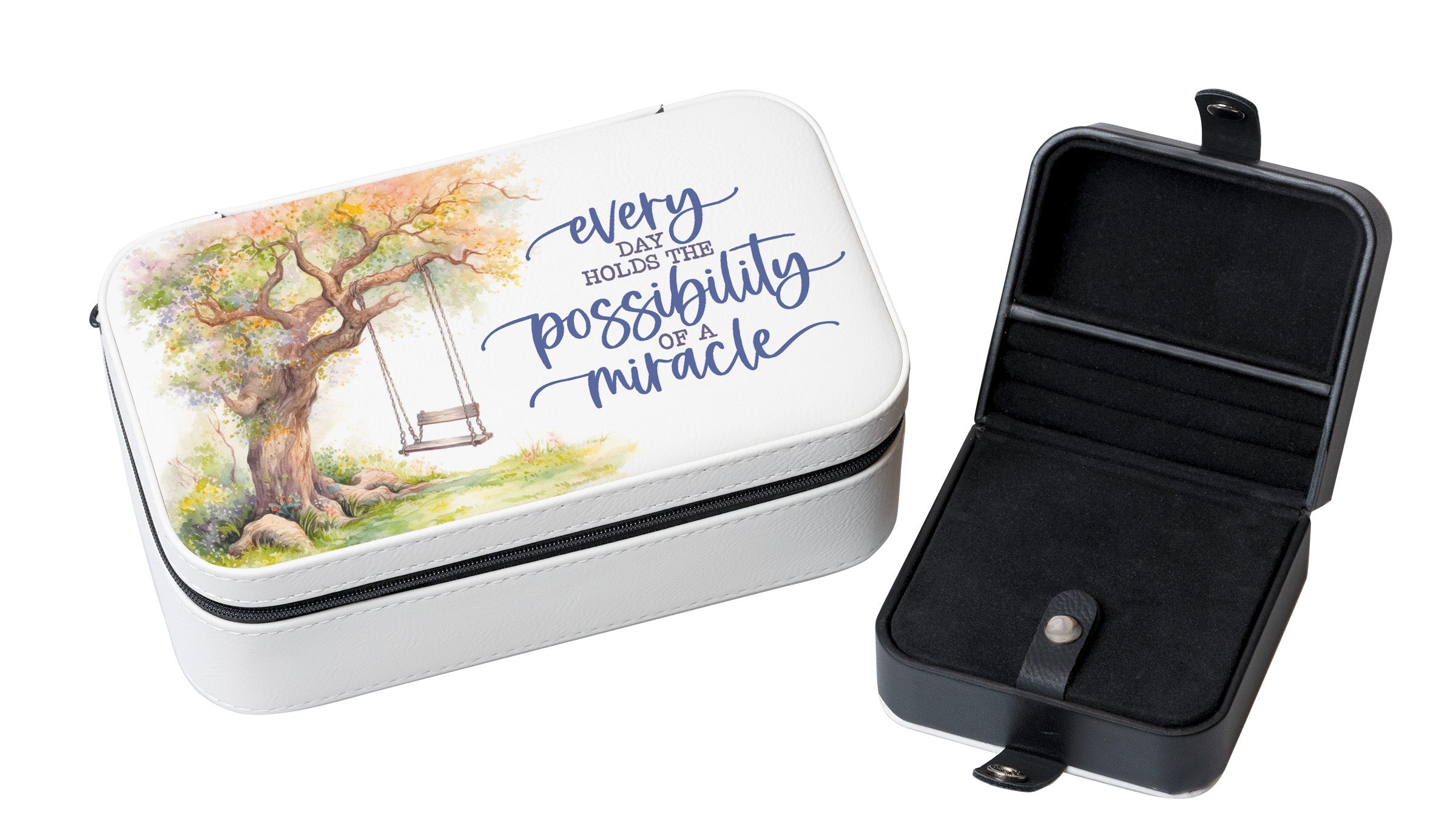 Every Day Holds Travel Jewelry Box Set with an off-white leatherette and velvet interior, including a large and mini travel box.