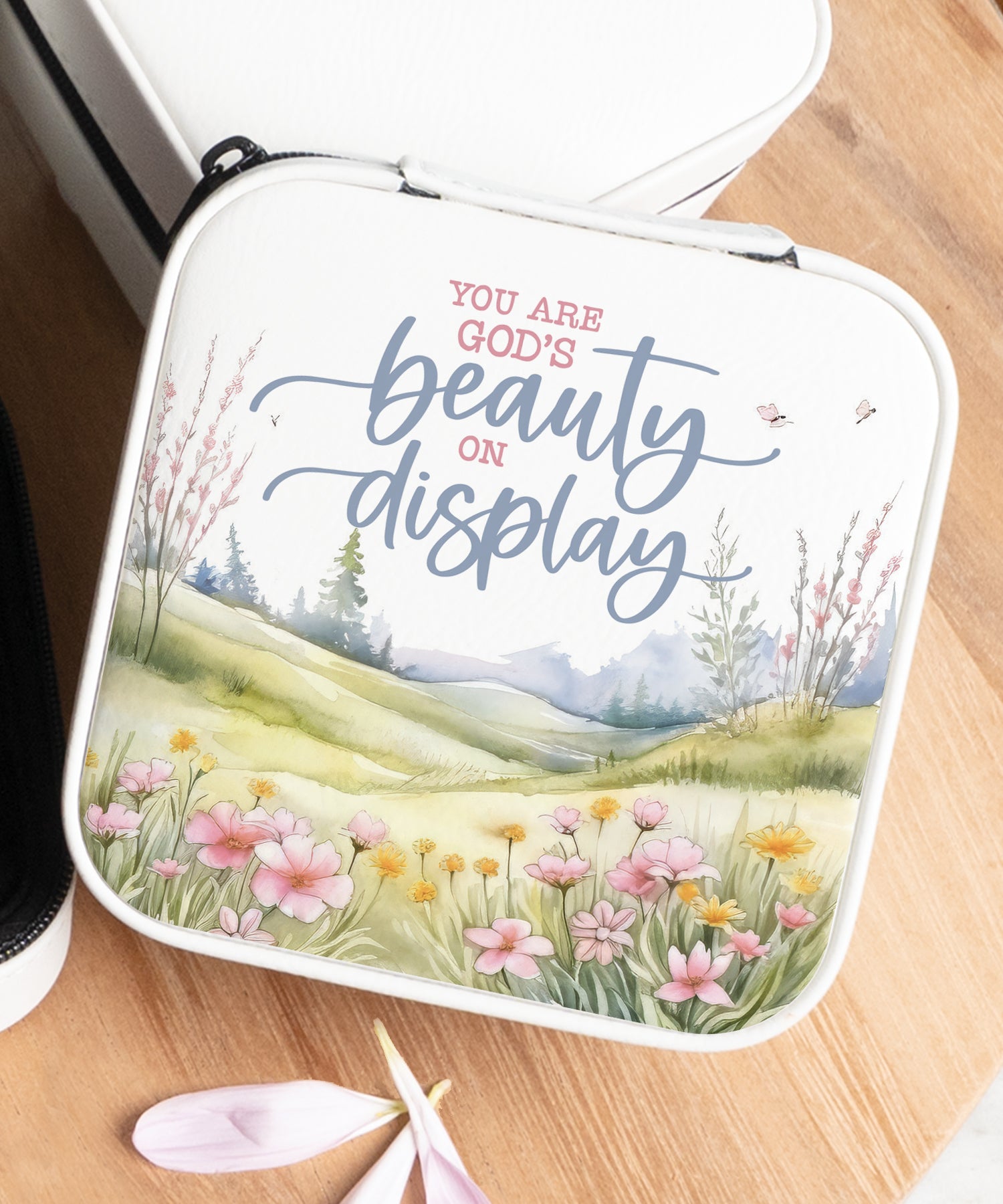 You Are God’s Beauty Travel Jewelry Case in off-white leatherette with a zipper closure and plush black velvet interior.