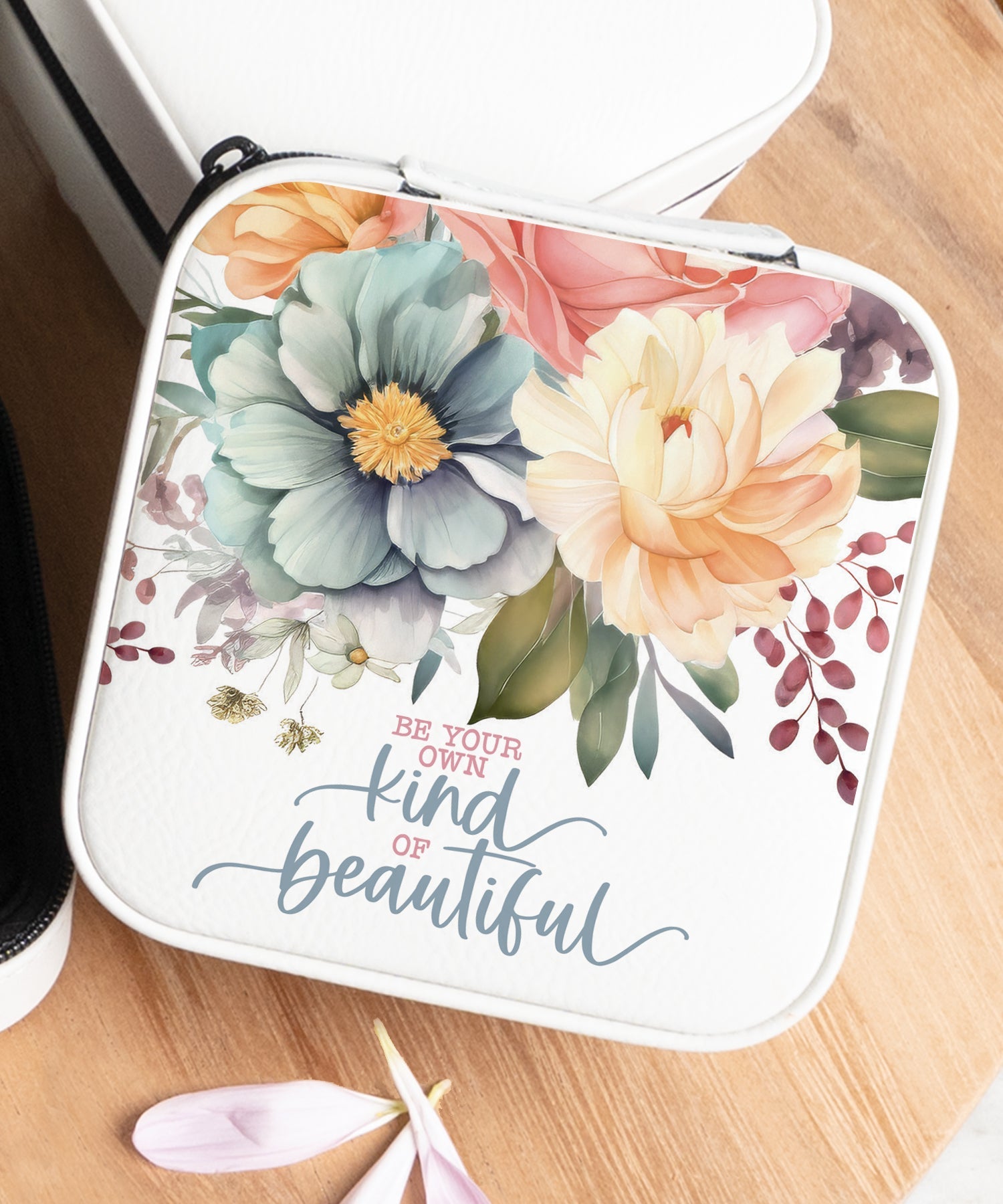Be Your Own Kind of Beautiful travel jewelry case with inspirational message and zipper closure
