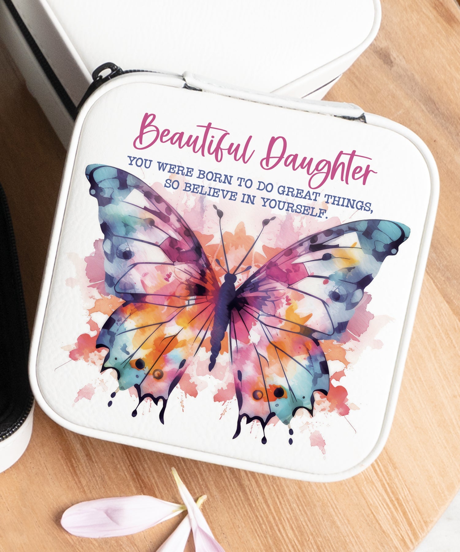 Beautiful Daughter Travel Jewelry Case in off-white leatherette with a zipper closure and plush black velvet interior.