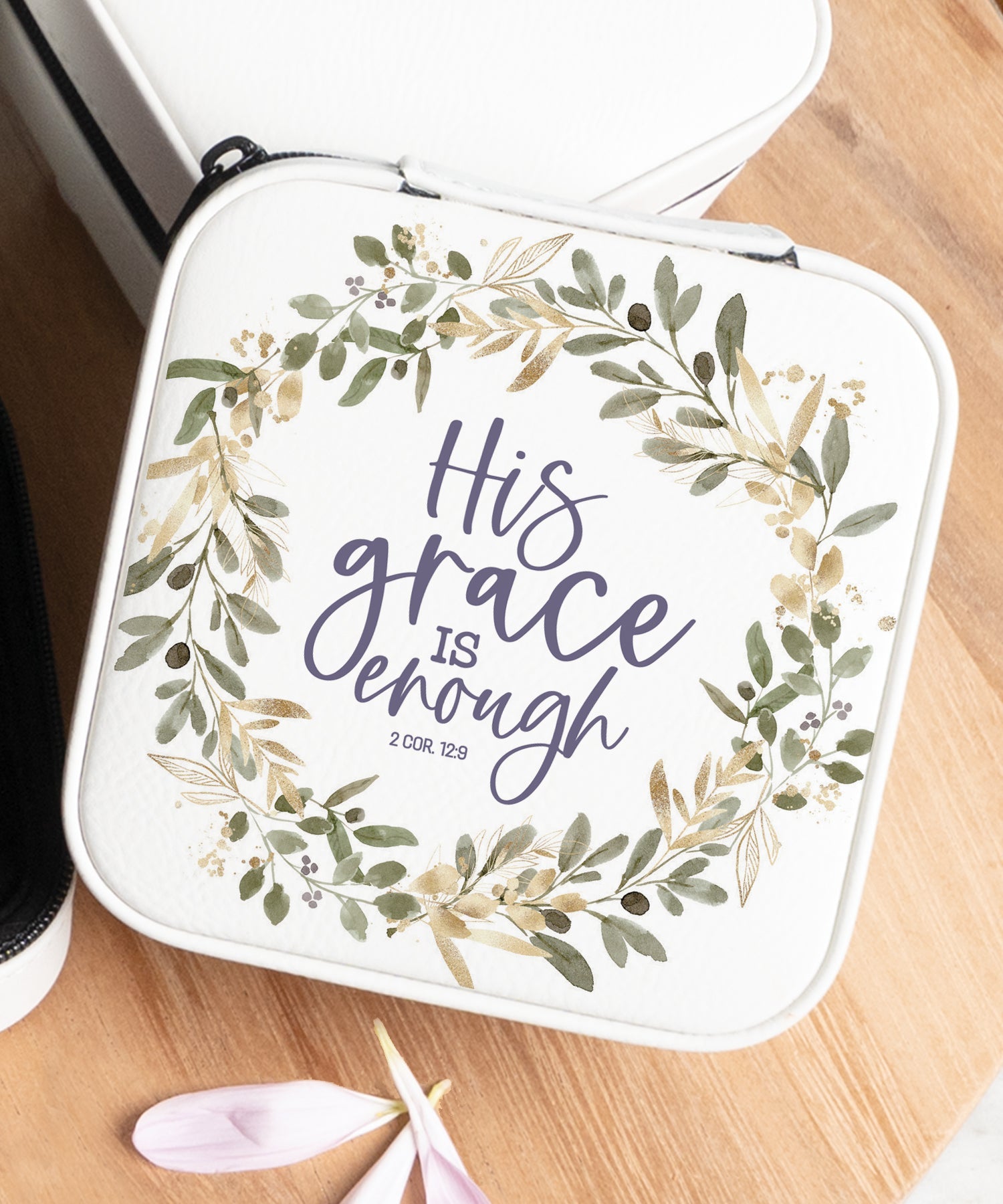 His Grace travel jewelry case featuring 2 Corinthians 12:9 scripture and zipper closure