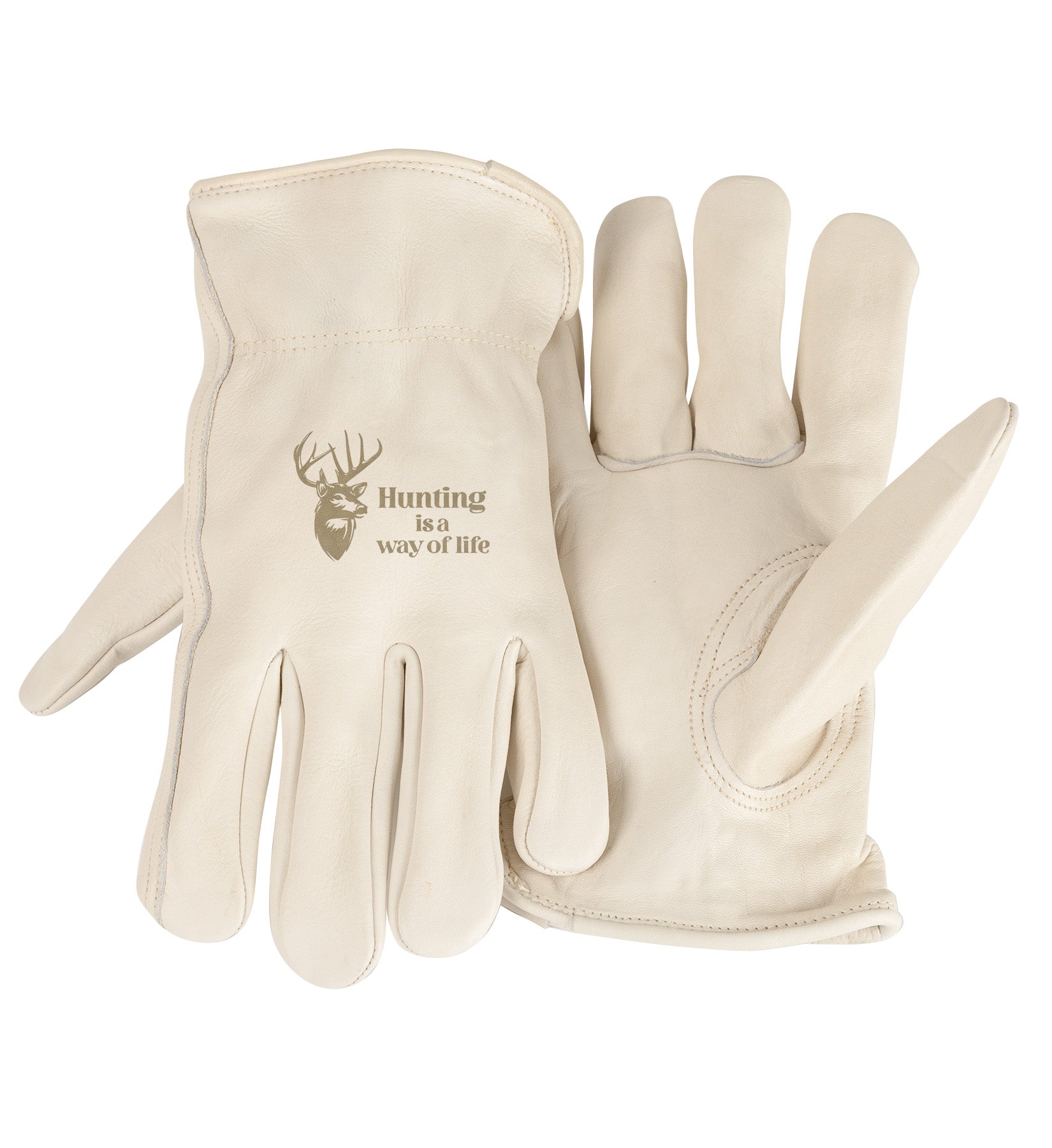 Adult Trailblazer Gloves – Hunting Is a Way of Life – Ivory Deerskin, Unlined & Breathable, Water-Resistant with Inspirational Message