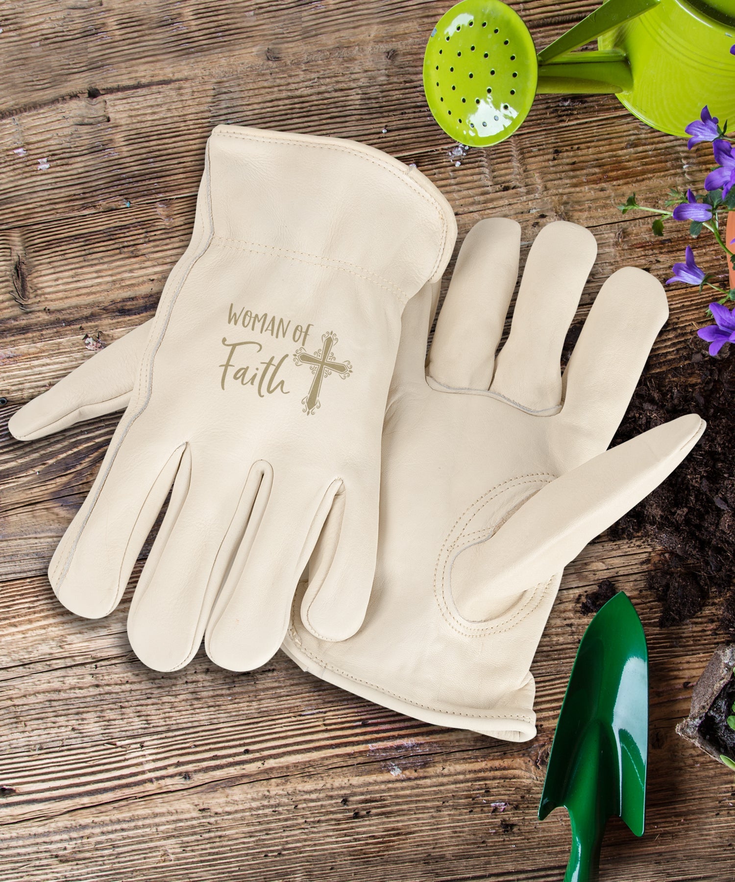 Adult Trailblazer Gloves – Woman of Faith – Ivory Deerskin, Unlined & Breathable, Water-Resistant with Inspirational Message