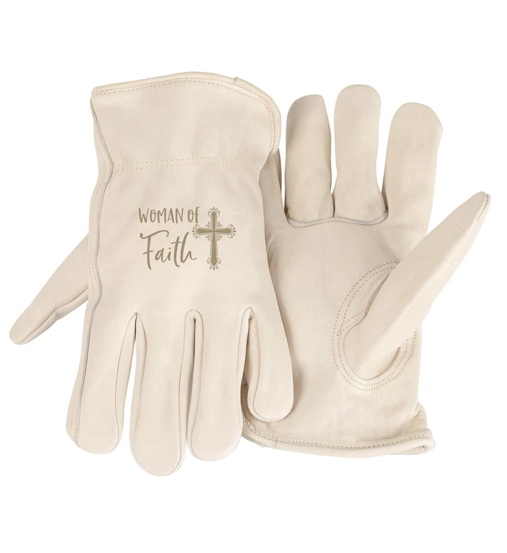 Adult Trailblazer Gloves – Woman of Faith – Ivory Deerskin, Unlined & Breathable, Water-Resistant with Inspirational Message