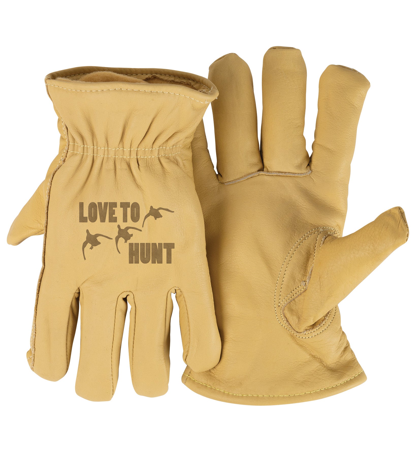 Adult Thinsulate™ Trailblazer Gloves – Love to Hunt Ducks – Beige Cowhide, Insulated, Water-Resistant with Inspirational Message