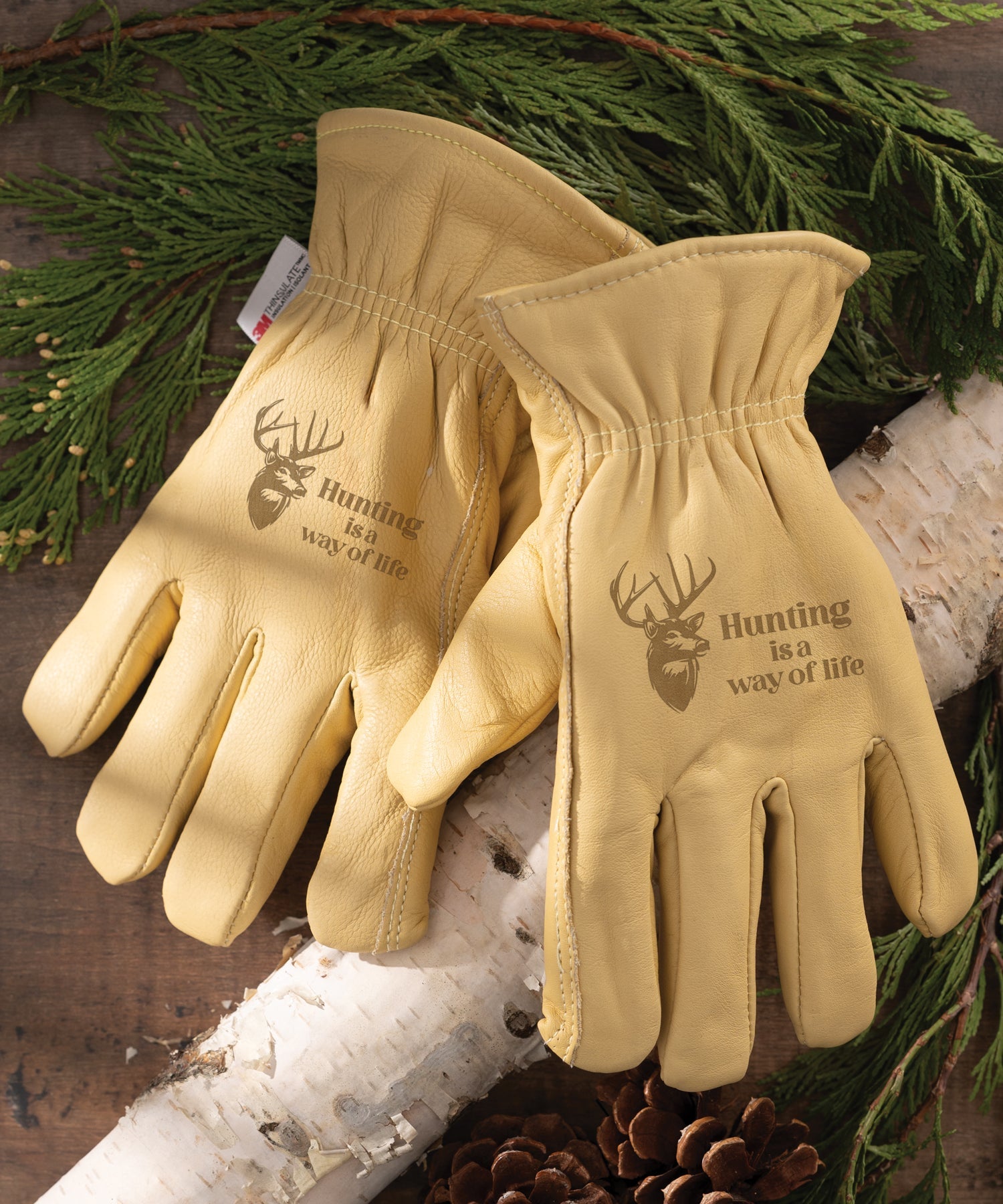 Adult Thinsulate™ Trailblazer Gloves – Hunting Is a Way of Life – Beige Cowhide, Insulated, Water-Resistant with Inspirational Message