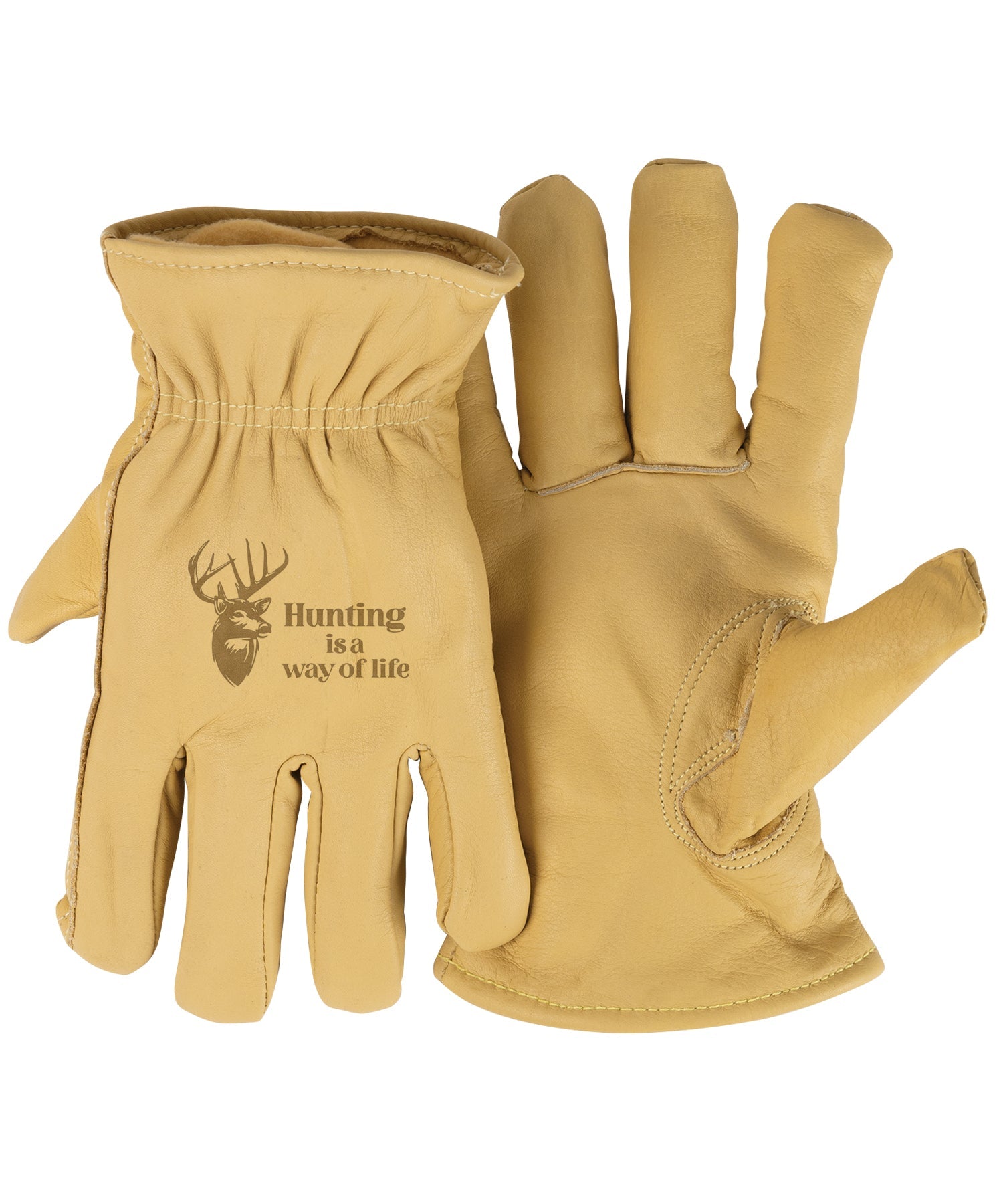 Adult Thinsulate™ Trailblazer Gloves – Hunting Is a Way of Life – Beige Cowhide, Insulated, Water-Resistant with Inspirational Message