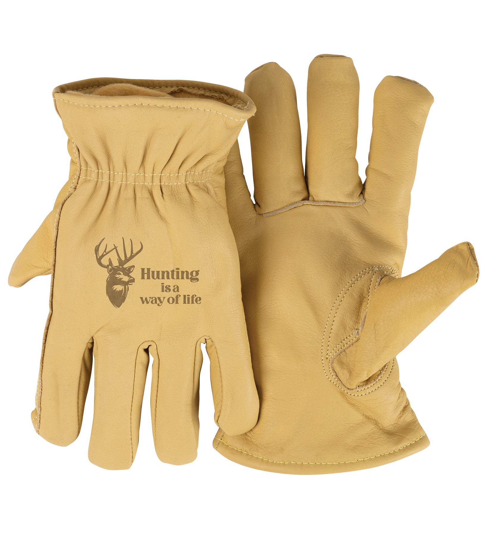 Adult Thinsulate™ Trailblazer Gloves – Hunting Is a Way of Life – Beige Cowhide, Insulated, Water-Resistant with Inspirational Message