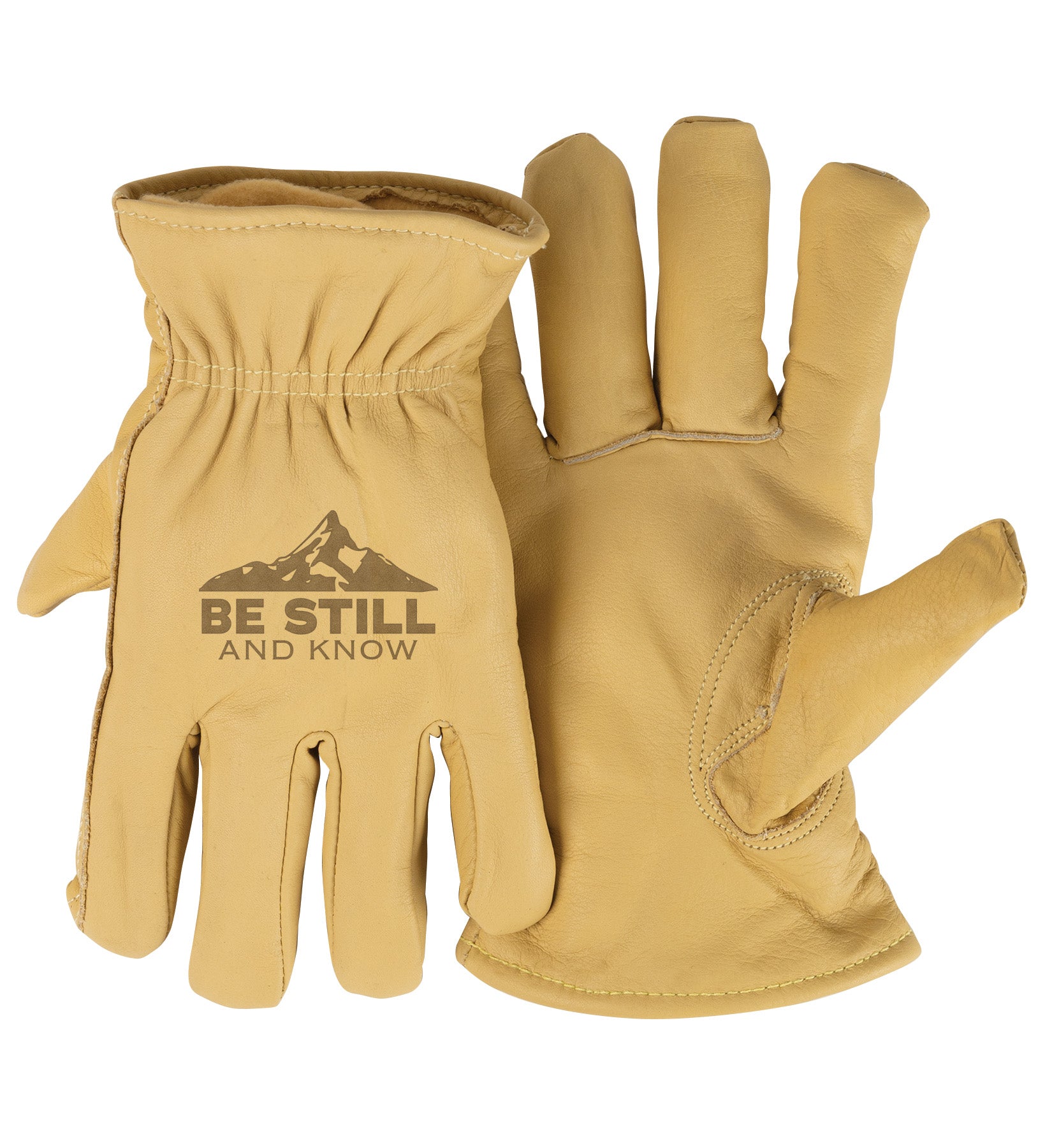 Adult Thinsulate™ Trailblazer Gloves – Be Still – Beige Cowhide, Insulated, Water-Resistant with Inspirational Message