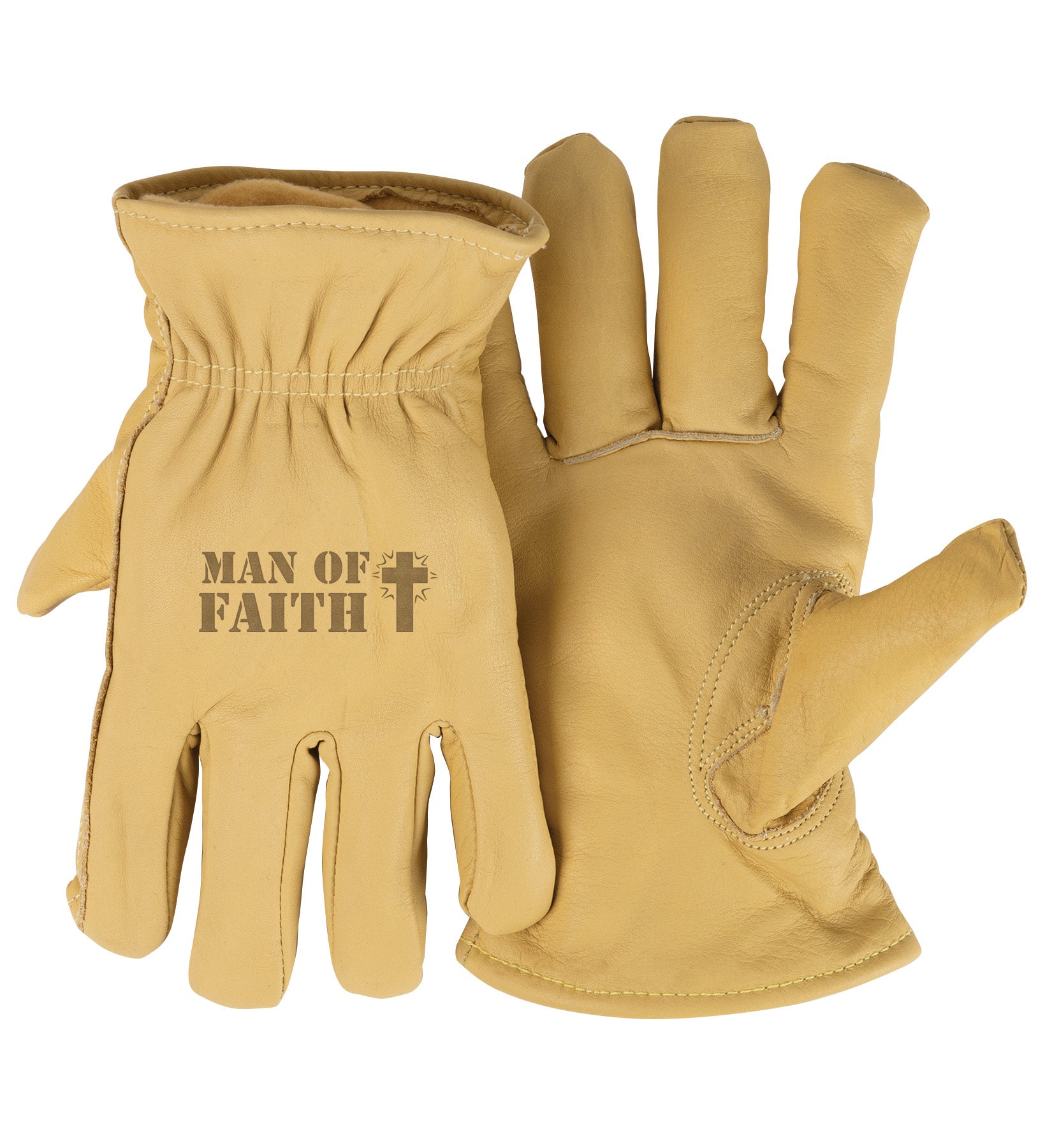 Adult Thinsulate™ Trailblazer Gloves – Man of Faith – Beige Cowhide, Insulated, Water-Resistant with Inspirational Message