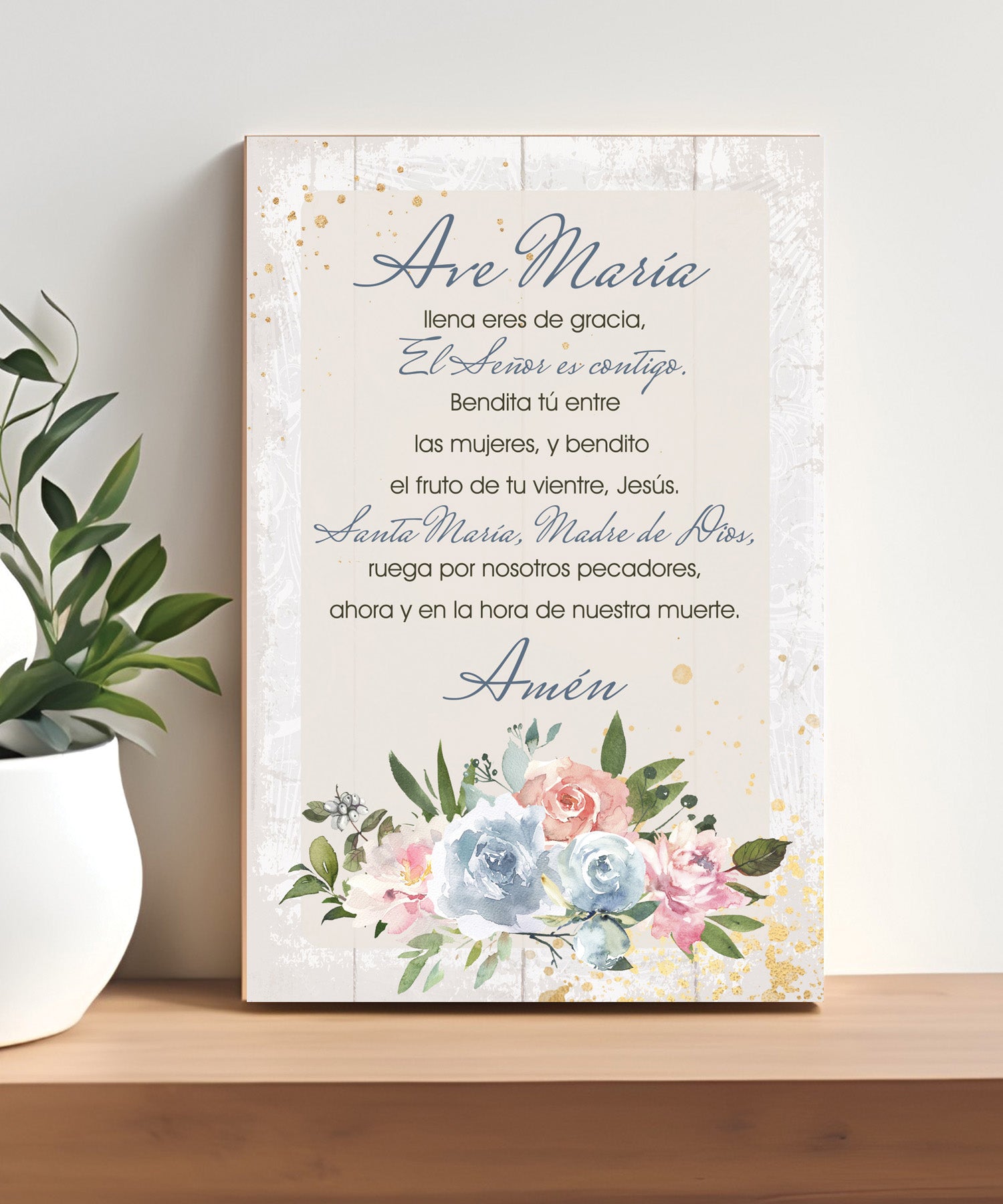 Hail Mary Spanish 4x6 MDF plaque with Ave Maria prayer and neutral artwork