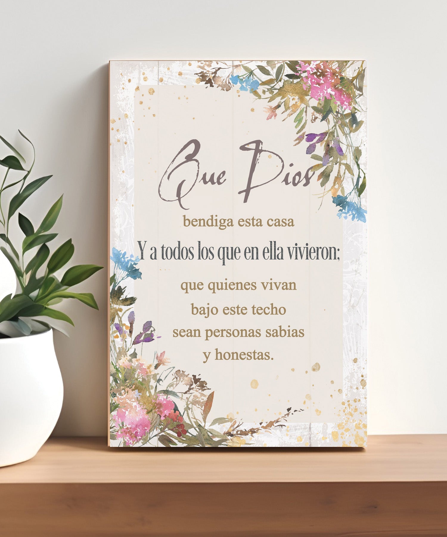 Que Dios Bendiga 4x6 MDF Plaque – Neutral Tones & Easel Back | Made in USA
