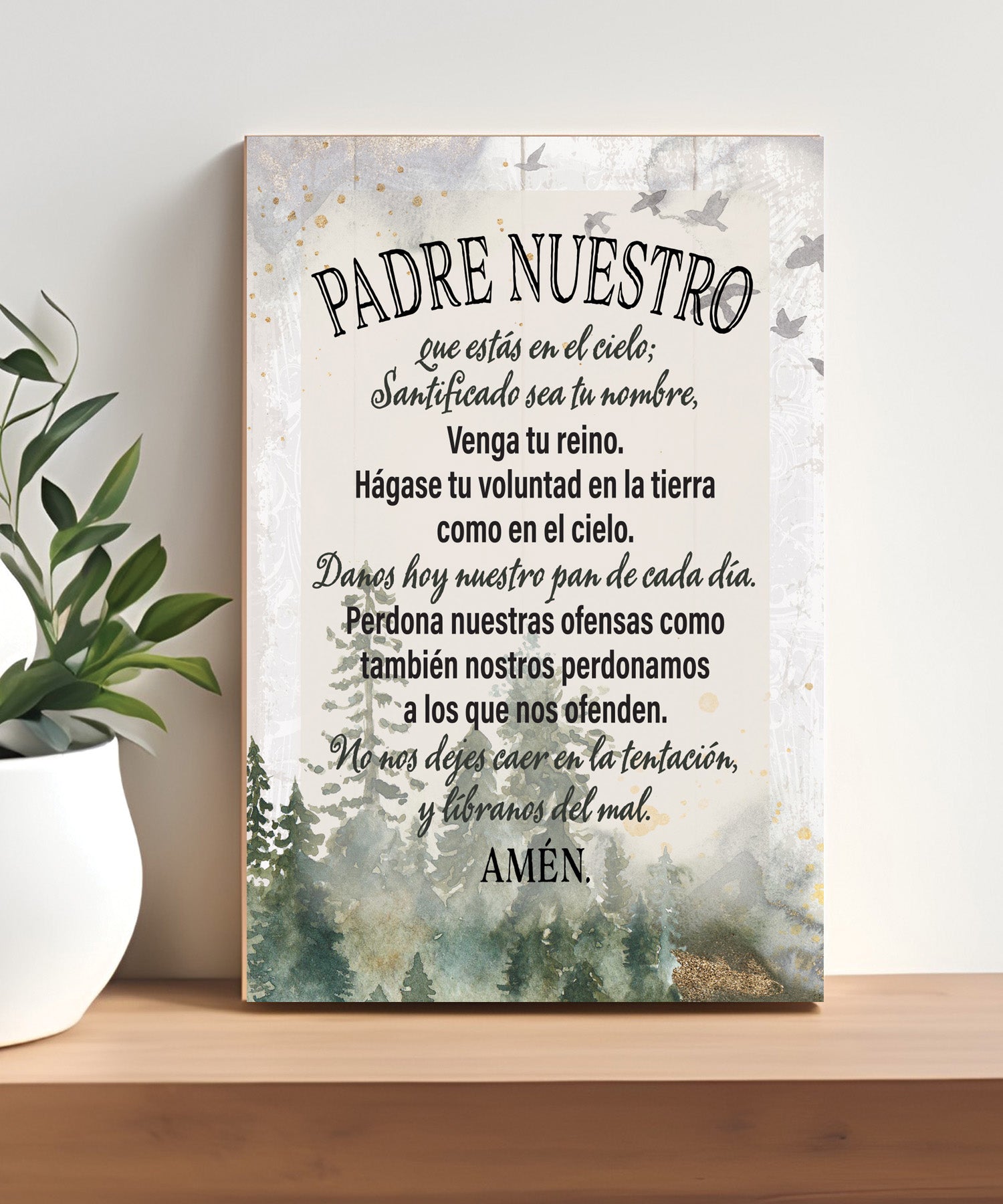 The Lord’s Prayer Spanish 4x6 MDF plaque with Padre Nuestro prayer and neutral artwork