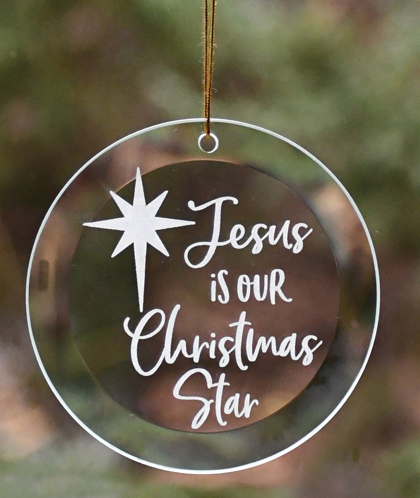 Jesus Glass Ornament with laser-etched design and gold string hanger, perfect for Christmas décor