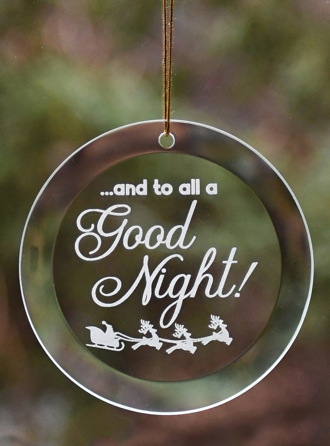 Good Night Glass Ornament with laser-etched design and gold string hanger, perfect for Christmas décor